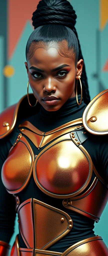 (((photograph))), (((hyperrealism))), award-winning photo, afrofuturism, thick body, a black goddess with fat body ((wearing a orange african warrior armor)), orange armor, african details, black woman face, Big lips, dreadlocks long hair elegant beautiful, (masterpiece) (best quality) (detailed) (8k) (HDR) (wallpaper) (cinematic lighting) (sharp focus) (intricate), action shot, warriors fighting in background, orange armor, fat body, complex background, cinematic light, (afrofuturism), cyberpunk, fat body