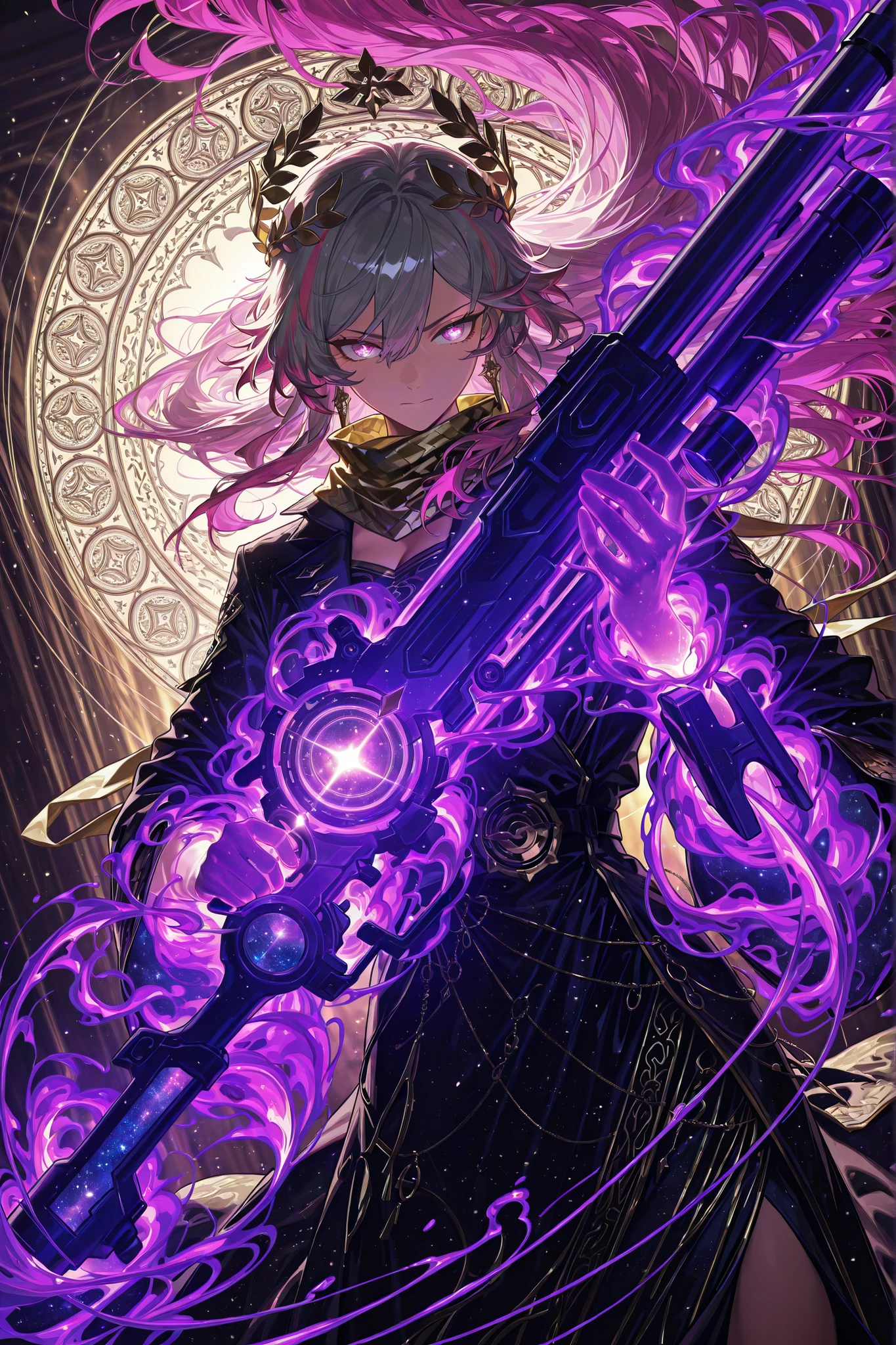 style of [arknights|(748cmstyle:0.88)], god rays, vivid colours, light stream, colour splotches, cinematic shot, mature, young adult, masterpiece, best quality, amazing quality, very aesthetic, high resolution, ultra-detailed, absurdres, (hands:-0.15),
(1girl, mature woman, female:0.95), solo, alone,(dynamic pose upper body focus, dutch angle, three quarter view, close up, cowboy shot:1.2),(FuHua, Fol004, Fh_Tai, fu hua:0.33),flowing clothes, wind, harsh wind, tsurime, serious expression, (using magical rifles, cosmic weapons, magical rifle, liquid guns:1.24), (multicolored hair, tri-tone hair, gradient hair, gold hair, pink hair, gray hair:0.95), cosmic eyes, multicolor eyes, (infused eyes, using a magic grimoire:1.24), ornate trenchcoat, philosopher toga, golden bandana scarf, roman crown, ornate dress,  novuschroma79 style, glitch art photo
BREAK, depth of field, volumetric lighting
 