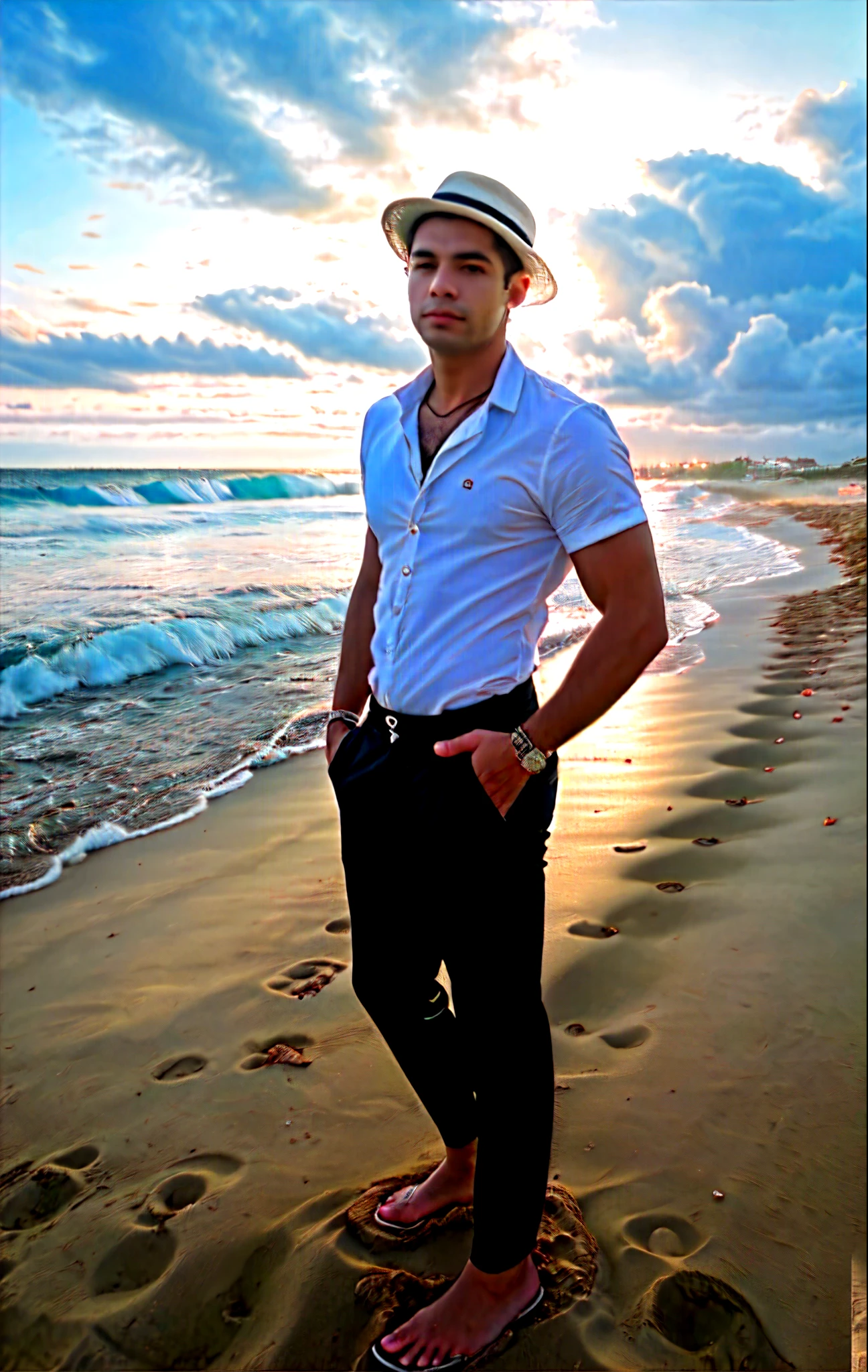 Hot shirtless white tan sweaty masculine country boy teen wearing a white cowboy hat on beach standing in pristine short skin tight white  running shorts accentuating the big bulge in his dick and balls in his crotch. He has fluffy straight brown hair and a clean shaven look along with a sharp jawline. The white shorts really accentuate the protruding bulge in his shorts from his penis. His hairy legs stand tall in the sand, supporting his skinny teen 1 boy body. He lacks facial hair, but his jawline makes up for it with how sharp it is