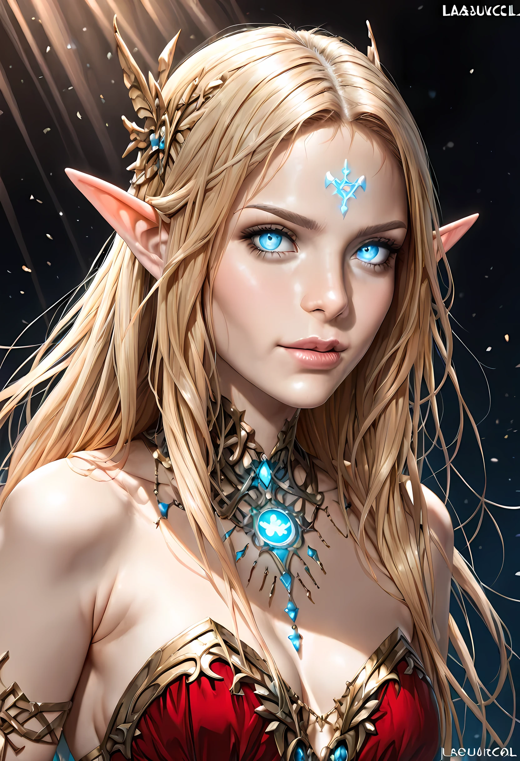 dark fantasy art, a picture of a fantasy, beautiful female elf, best detailed face,  pale skin, (blond: 1.2) hair, glowing eyes, blue eyes, wearing dark red dress, silk dress, intricate dress, reflection light, it is night time, the moon is in the sky, a sense awe, might, magical runes. sun rays. high details, best quality, 16k, [ultra detailed], masterpiece, best quality, (extremely detailed), close up, ultra wide shot, photorealistic, RAW, fantasy art, dnd art, fantasy art, realistic art,((best quality)), ((masterpiece)), (detailed), perfect face, fantasy, Glowing Runes Cinematic Shot, fantasy, LOAsuccXL, strapless
