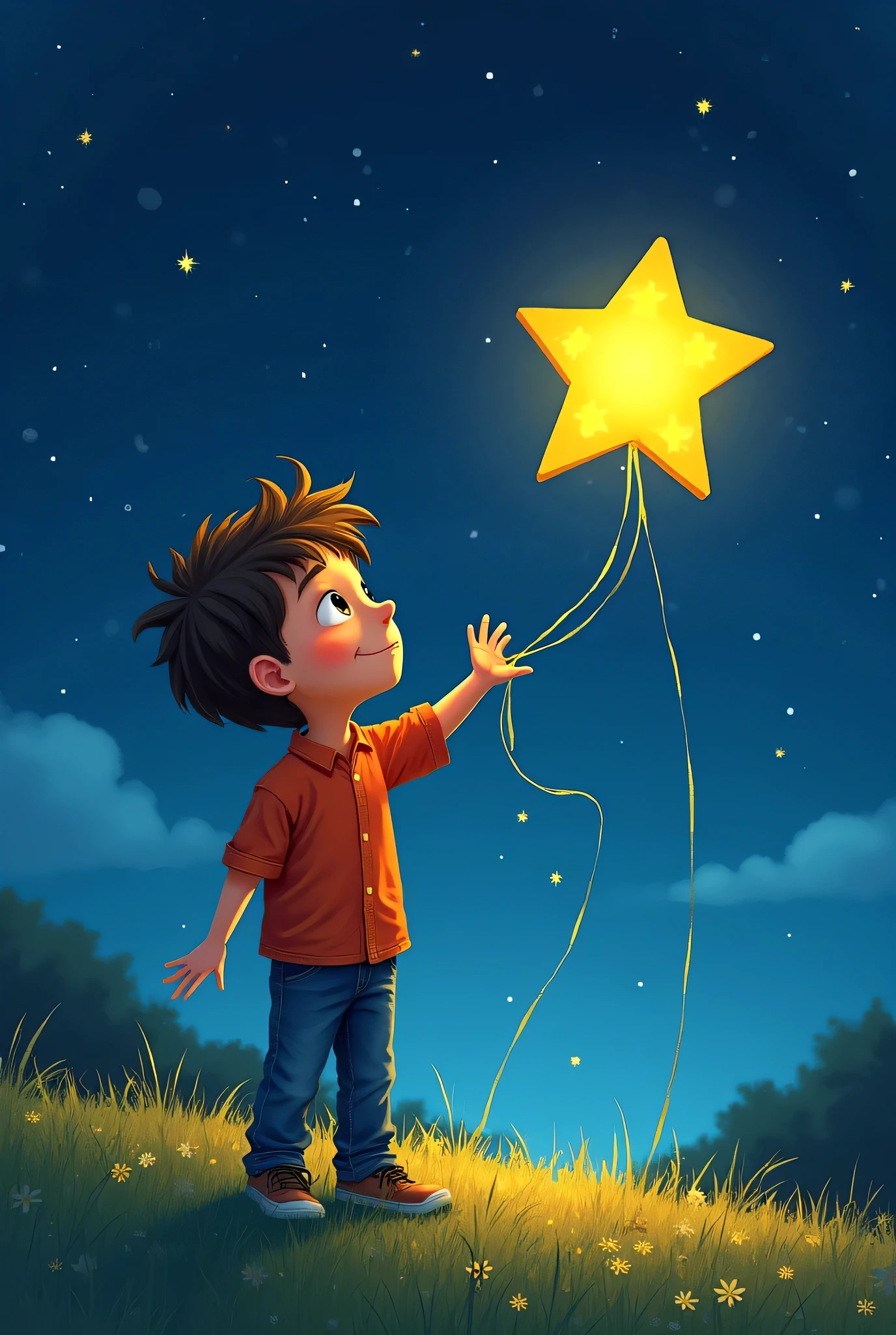 Draw a picture of The boy is in an open field, holding the star in his hands. He lifts the star to the sky, that shines brightly, as the star flies back to its place among the constellations.
