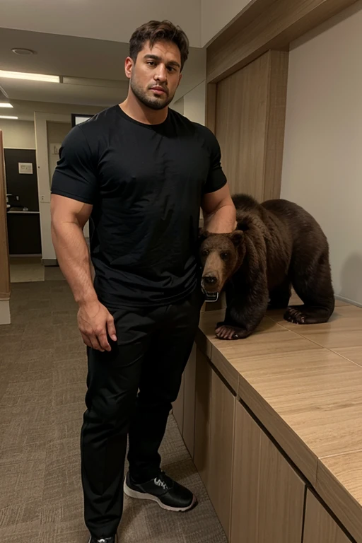 crew cut, (((full body))), mature man, [slightly fat], asian man, brown eyes, rounded face, glasses, slightly balding, (big shoulders), (((stubbles, Short beard))), (((full beard))), (Beautiful eyes:1.3), (Detailed face:1.3), lip smile, casual clothes, photoshoot with a stone eastern dragon statue, a stone wall background, amusement park,