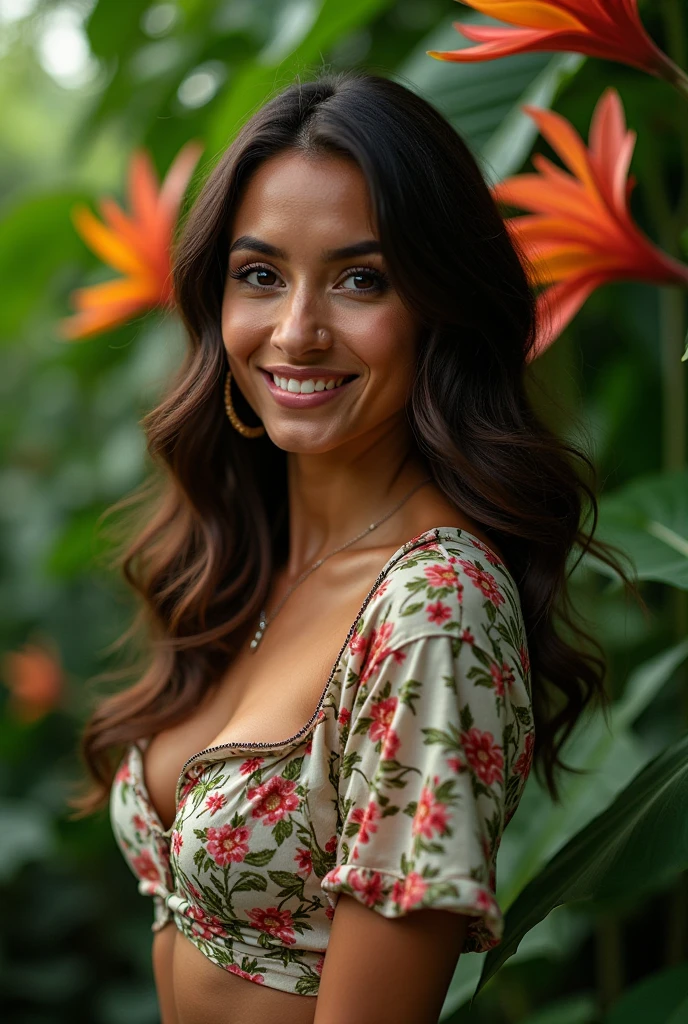A Brazilian woman in a lush tropical garden, wearing an open shirt with a floral print, with a close-up capturing the harmonious beauty between her breasts and the natural flowers, showing off your natural charm and outgoing personality.