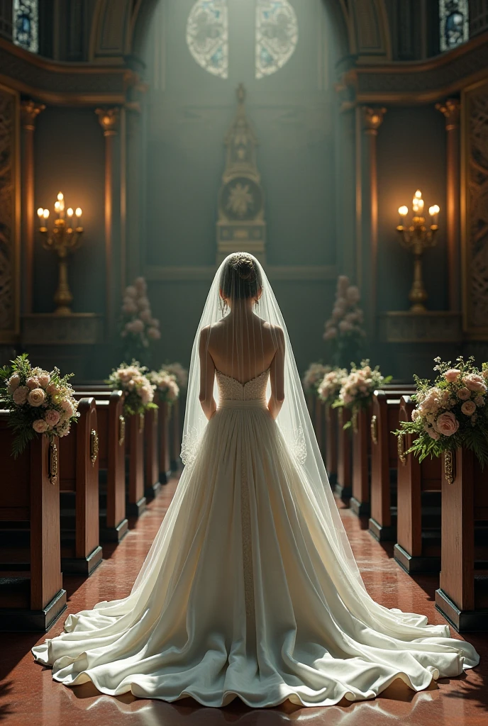 Church decorated with curtains on the walls and white flowers for wedding Long sleeved sheer lace bride dress with sparkle and square neckline