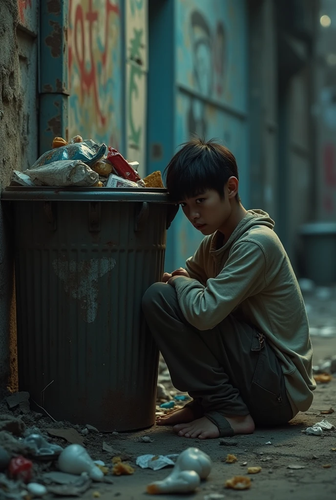 A young man sleeps in the street,The rain fell on her tattered clothes