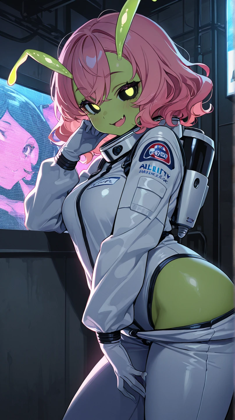 score_9, score_8_up, score_7_up, score_6_up, BREAK klara, Sci-fi outfit, cleavage, big breasts, seductive smirk,sweating, on a spaceship, in space