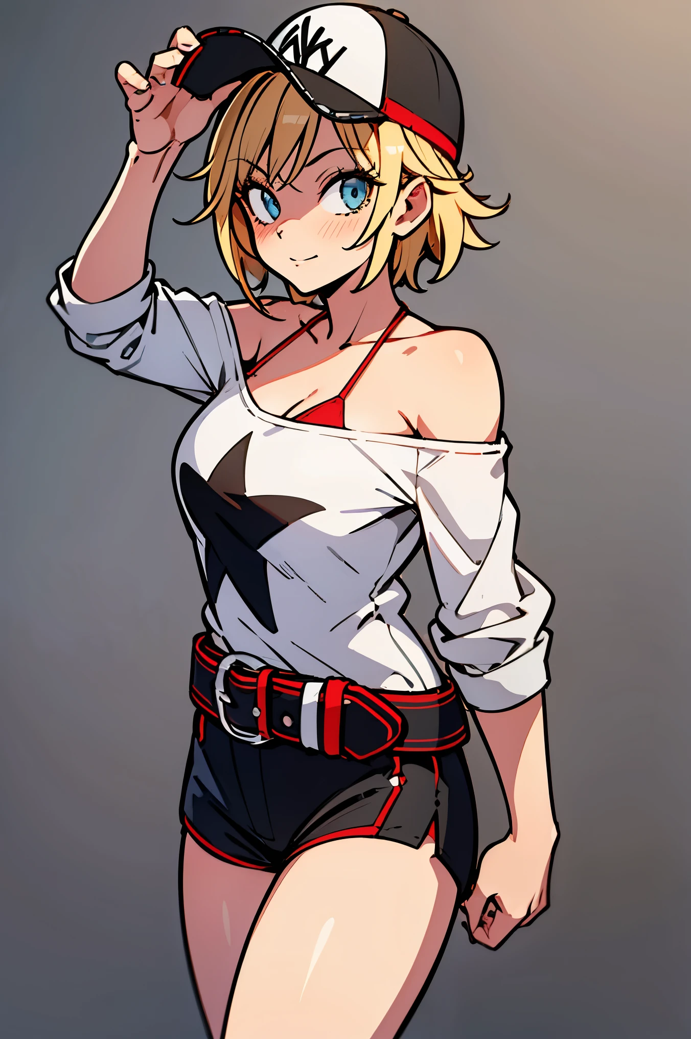 (master part, Best Quality, high resolution, Wallpaper, extremely detailed:1), (illustration:1.0), 1girl, Alicems , kalap, baseball cap, off the shoulder, clivagem, belt, sbikini, shorts , camisa,