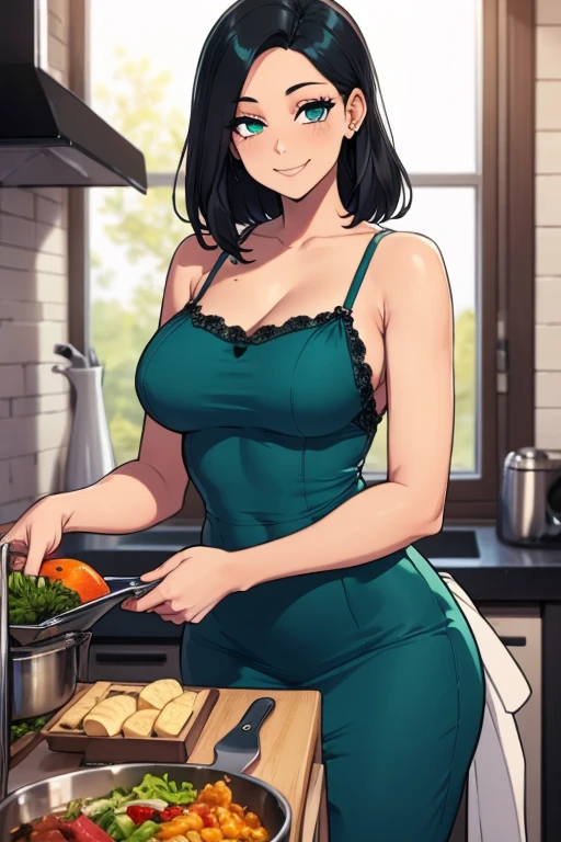 rating_explicit, fubuki from one punch man, black dress, cleavage, necklaces, white bra, leaning in a kitchen, milf