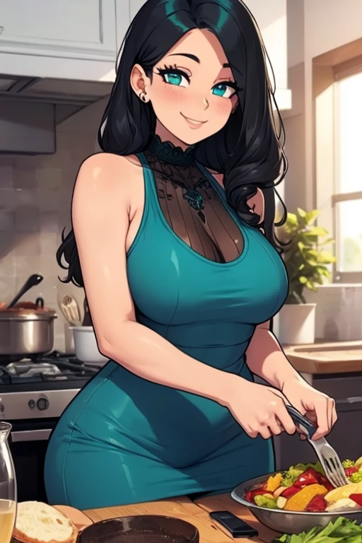 judyneutrón, green polka dot dress, Pearl Necklace, (curves), huge breasts, kitchen, mqmf, masterpiece, Best Quality, extreme detail, 8K, image sharpness