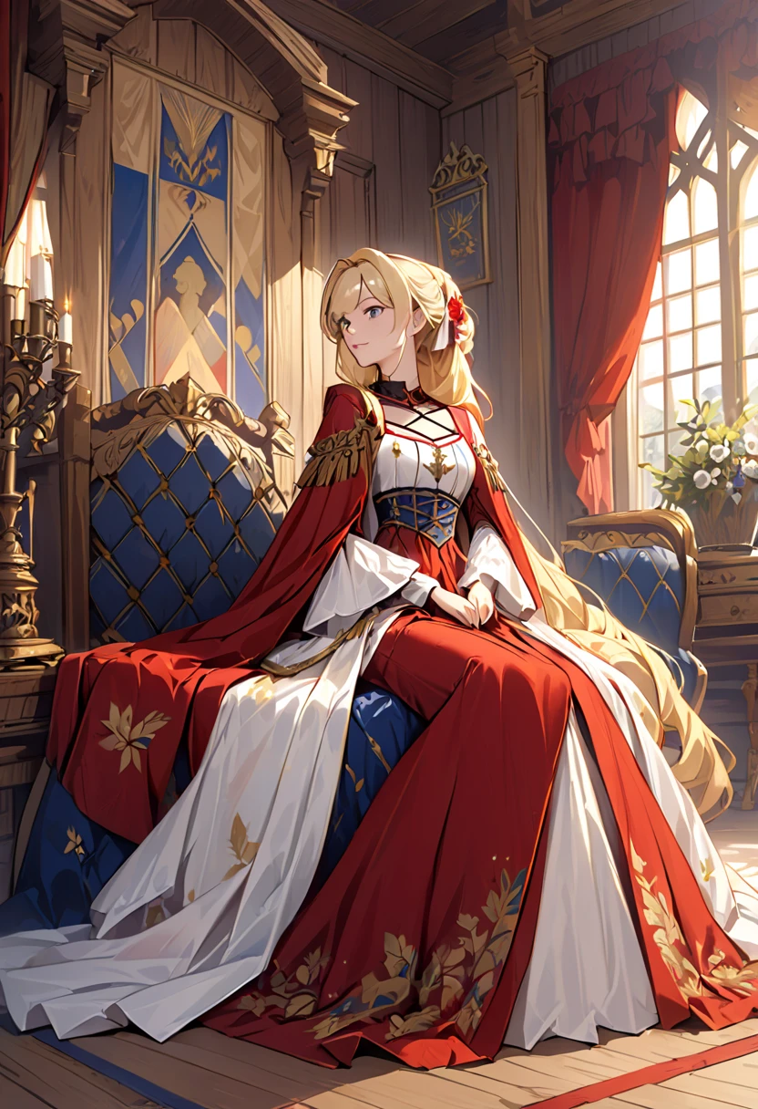 World Radiocommunication Conference style, beautiful woman, blond, sitting, royal costume, Royal Conference Hall, medieval background