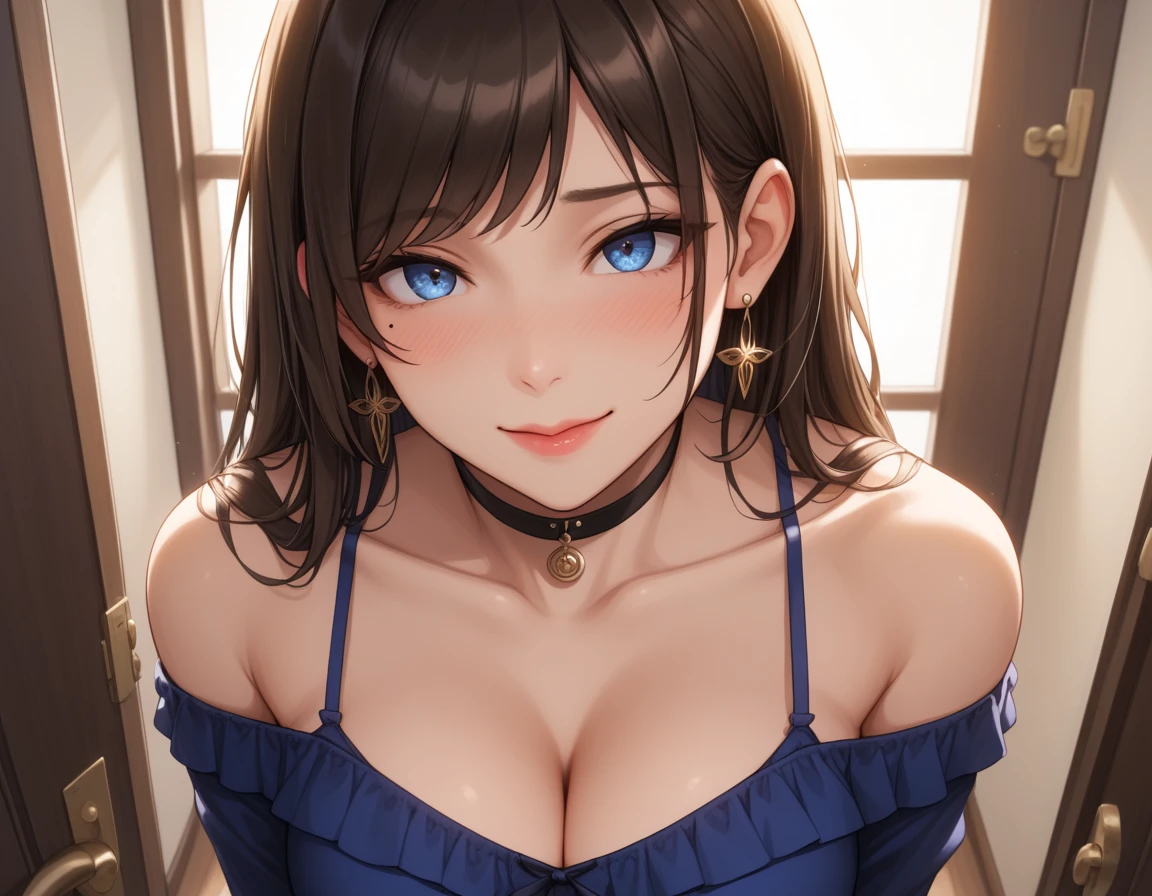 ((Biologically correct limb count))、((whole body including face))、4K、Masterpiece、((Focus on the face))、((Symmetrical, well-proportioned facial features))、Eyes with delicate depictions、(((One beautiful woman)))、Outstanding style、Slender Body、((Headband、Gothic ta、Blue Dress、(High heels)))、(smile)、(Close-up photo of the upper body)、High angle、Look Up、Photo with white border、looking at the camera、Strike a sexy pose for the camera