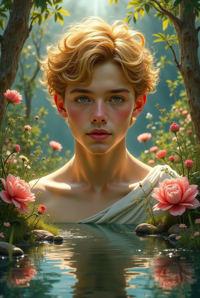 Nice chest boy, barebacked, blonde hair, metal jewelry, flower màu, seed, light, Masterpiece, top quality, best quality, official art, Beautiful and aesthetic, 1 boy, extremely detailed,fractal art,colorful,flower, The more detail the better, confused, dynamic posture, Abstract background, fair skin, colorful,