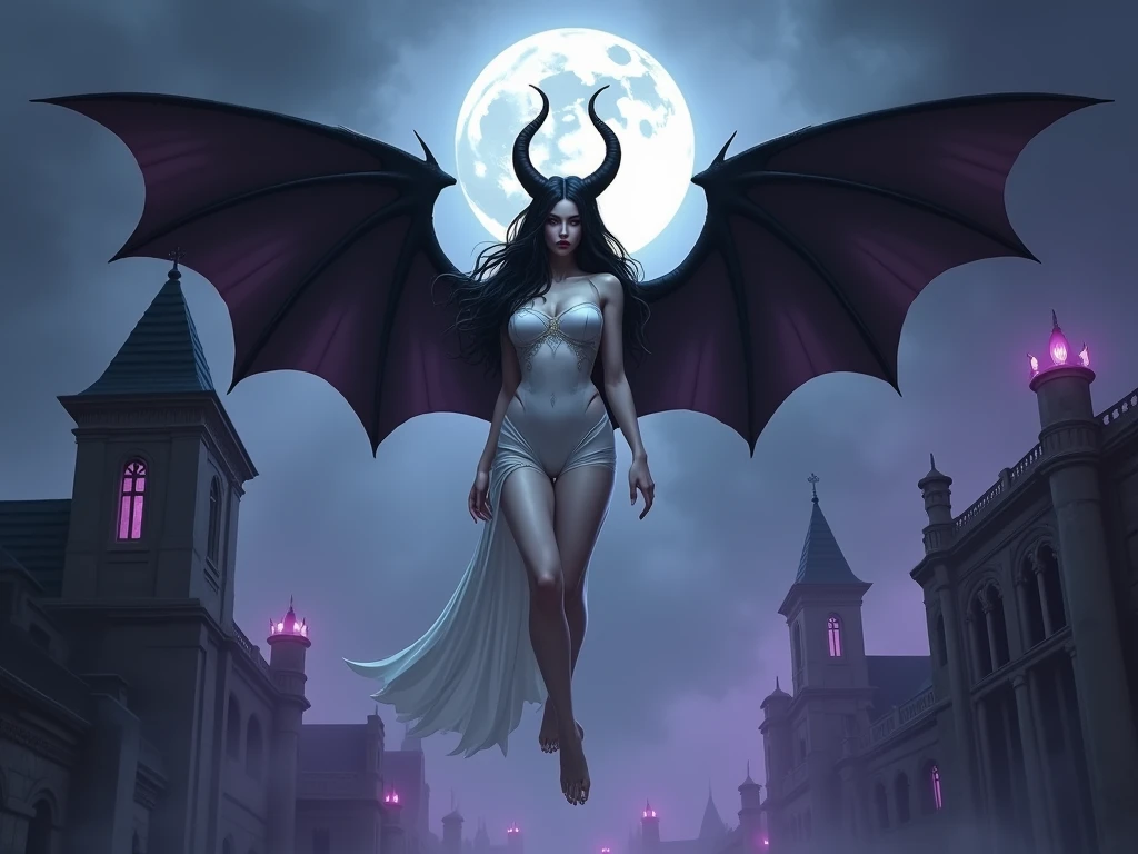 a female bat flying in the sky, big breast and long hair