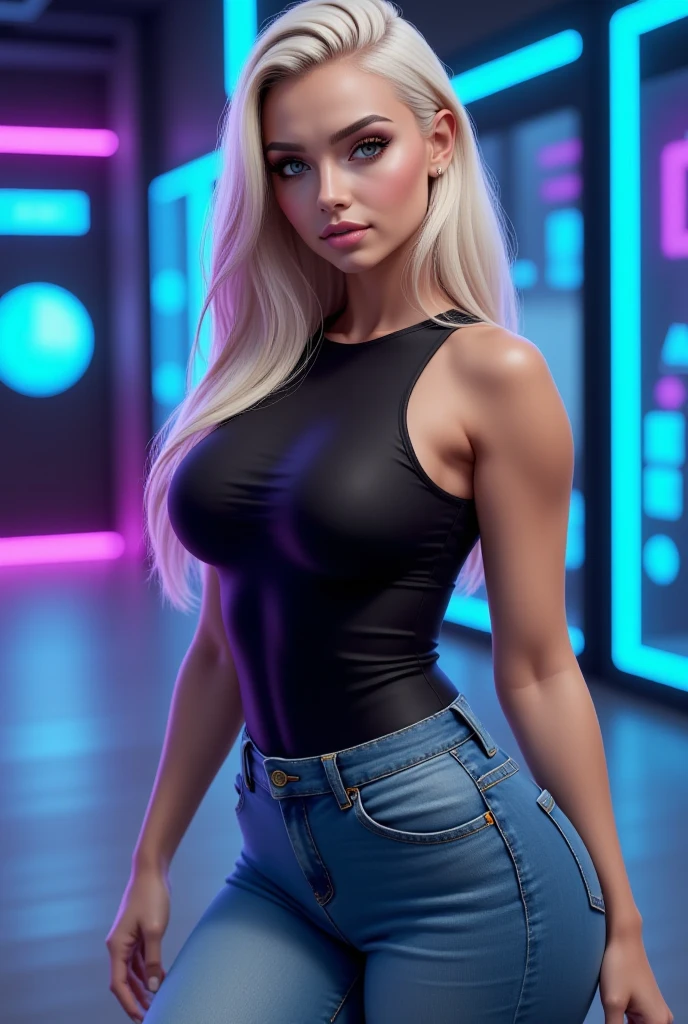 professional, (4k photo:1.1), (Sharp focus:1.3), high detail, wearing ( black tight clothes :1.2), beautiful detailed face, blue eyes, long blonde hair, (attractive young woman:1.3), (seductive:1.1), (blushing:1.1), hourglass body shape, natural breasts, wide hips, night club background