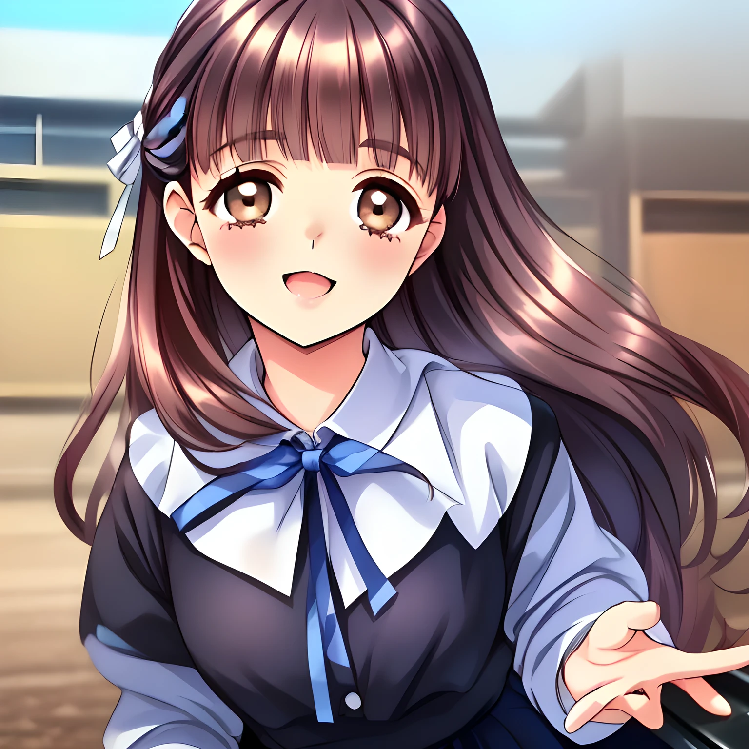 (highest quality, masterpiece:1.2), highest quality, High resolution, 1080p, 8K, (A 20yo beautiful pretty noble succubus of (love-story comic heroines) is ((touching the viewer's one like playing piano nobly)), hypnotizing me by their neat beauty, Forcibly extracting everything from the viewer, (intelligent and perfectly balanced slender style), (long neck), neat & clean, lovely strong charm, cutely tilted head: 1.8), (Too noble beautiful lady like a love-story comic heroine), (laughing like watching a comedy), very noble, pretty and pure beautiful girls. ((neat innocent ears)), ((white grown face)), Using expensive whitening cosmetics by cosmetics artist: 1.2), Glossy lips, (curled) bangs, (Too beautiful blue fascinating shiny (double-lidded) (brown eyes) with love to the viewer, ((deep upper girly eyelid)), ((huge eye pupils)), laughing with detailed clearly: 1.5), (((Dark blue vest school uniform)), (Neat smart (white school blouse))): 1.8), (A very neat, ((realistic), (dark-blue) pleated blue school (beautifully checkered) skirt): 1.6), (too pretty shiny big (red realistic school ribbon tie)): 1.5), (Shiny love-story heroine lips, extremely laughing open mouth: 1.0), ((amazingly beautiful black bobbed wavy hair is blowing in the wind: 1.5)), (Hair Ribbon ties (black hair), The ribbon is big and very pretty), (Tight waist, slender, small face: 1.5), (The viewer can't stop submitting everything white inside him to her body and face: 1.8), (The lady knows well about the viewer's super fetishism for school uniforms, and satisfies it completely in the viewer's lewd dream: 1.7), (Gorgeous atmosphere In a train limited for beautiful girls bound for girl's school directly early in the morning: 1.5), (Everything is organized to have strong effect of hypnosis for the viewer to fall into happy dream with many beautiful girls: 1.5), (The viewer must be transferred to the world of only beautiful girls right now when he sees the eyes of girls in this picture: 2)