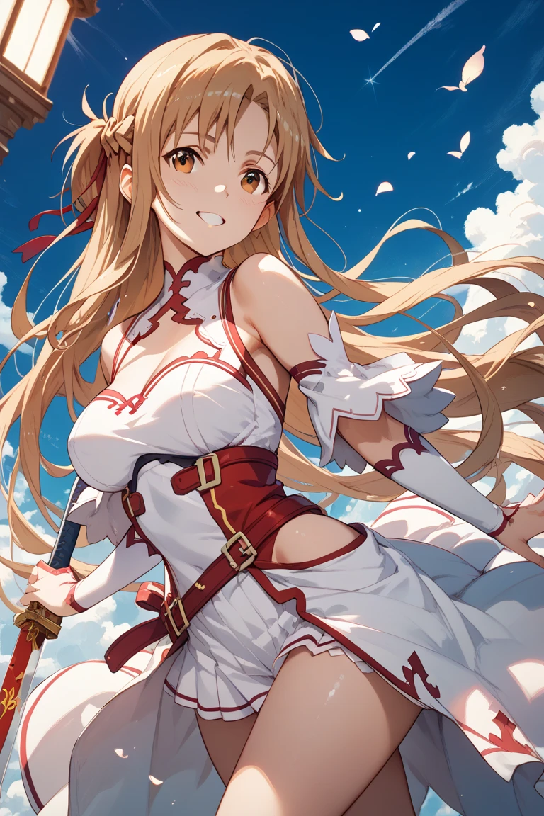 ragnarokhighpr, cross, bow,High Priest, 1woman,
(超High resolution),High resolution,Sharp focus,(Super detailed,Very detailed),(Very detailed CG unity 8k wallpaper),(((Vibrant colors)))、{best illustration},
shiny 肌,very shiny 肌,Shiny body,plastic glitter 肌,exaggerated shiny 肌,illuminated skin,Perfect Fingers,
Complex eyes,Beautiful fine details,Symmetrical eyes,Big eyes:1.5,Seductive eyes, ((Detailed body)),(Detailed face)),(complete anatomy),
cute,Lewd,erotic,Bold,Camel Toe,(Huge hips:1.1),(Huge breasts, Glamour:1.2),(chubby),Long legs,curve,Cleavage,
Long Hair,golden blonde hair, (Detailed body),(Detailed face)), cute,Lewd,erotic,Bold,Camel Toe,(erection of nipple),
A white and red dress from neck to chest,Red long skirt with slit,Red puff sleeves,
White thigh-high socks,((over the knee length pelvic curtain)),(Red dress short front),
((White Thong)),((Thong Panties)),((See-through T-back :1.5)),straddling, spread legs, knees away, smile, Open your mouth,Shy laugh,
(sand丘,sand:1.2),pyramid,Dust,the wind is strong,sandstone,(oasis:1.2), oasisに沈む風化した古代の石柱,((Vast blue sky)),