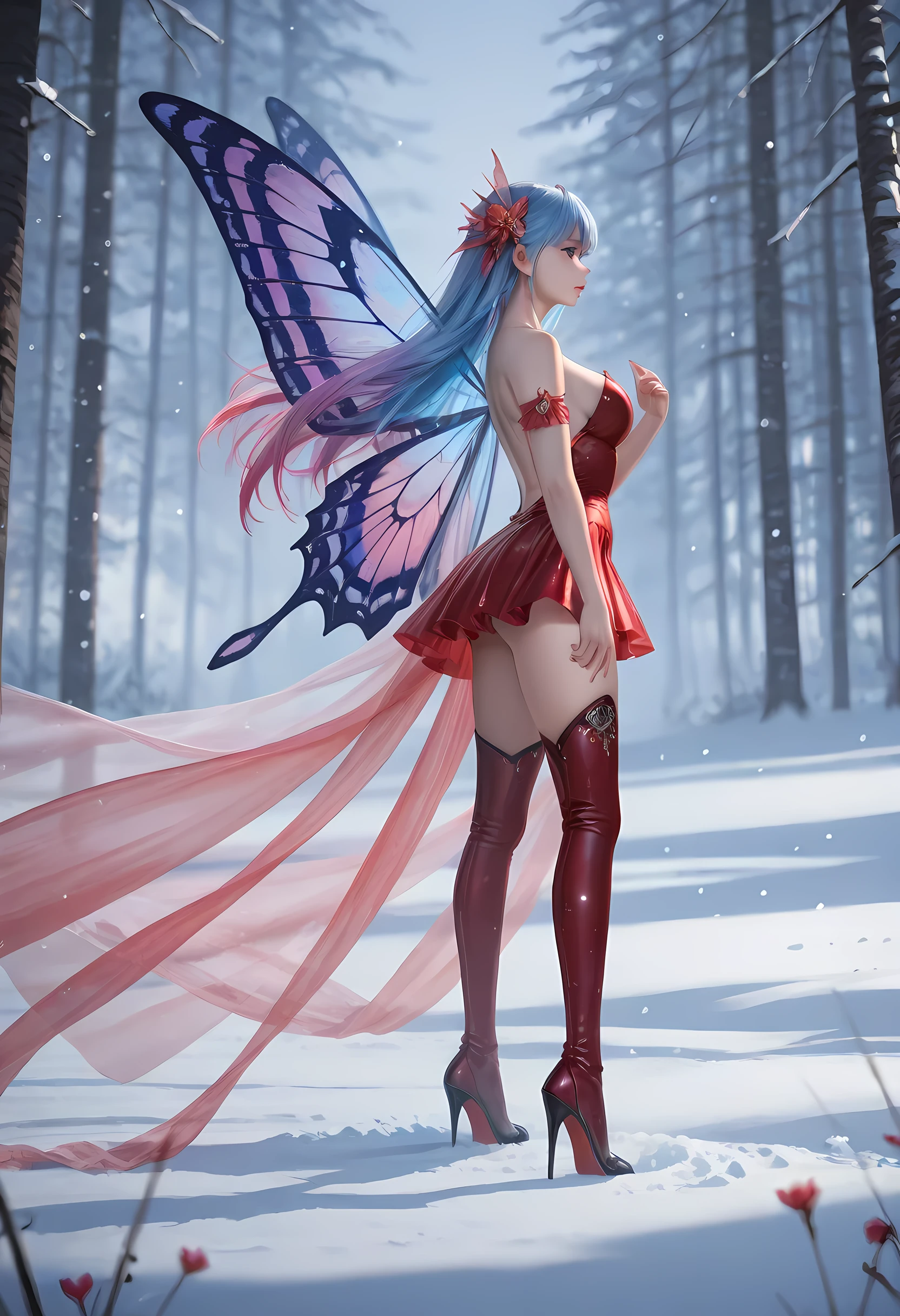 watercolor art of a most beautiful fairy playing in the snow, a beautiful fairy, spread butterfly wings, dynamic hair color, dynamic hair style, busty, wearing red colorful silk dress, intricate silk, wearing high heels boots, she is playing the snow, fresh snow in the forest, high snow, High Detail, Ultra High Quality, High Resolution, 16K Resolution, Ultra HD Pictures, Ultra Realistic, Clear Details, Realistic Detail, Ultra High Definition, Cinematic Shot, Cinematic Shot, fantasy, LOAsuccXL, strapless, anime