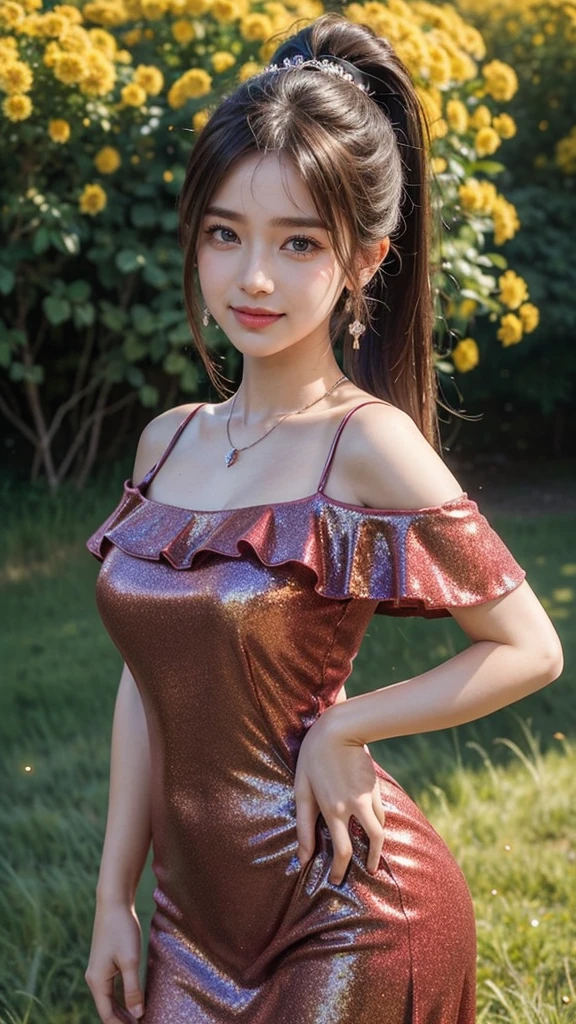 (Masterpiece:1.4), CG Unity 8k walpaper, ((Realistic: 1.2)), Ray Tracing, 64k, Beautiful 22 years girl, Asian realistic girl, Ultra Realistic, ultra HD, high detail，8K resolution，ultra high resolution, cute girl，The ponytail, long Hair，earrings，necklace，Colorful clear eyes，smooth hair，Exquisite and perfect with the most beautiful facial features and big eyes，Long eyelashes，(Smile)，field，Ultimate picture quality，(Standing in front of cosmos flowers field), ((Upper body shot)), ((luxury Lovely Glitter Dark Pink colour illusion Homecoming Dress: 1.2)), [(4 different Poses),(pose 1: Grab hair with both hands, tighten tummy to lift hips,stand side ways),(pose 2: strech your arm,hand on hip, tighten tummy and lift hip),(pose 3: tilt head to smile,put arm behind back,place arm side by leg),(pose 4: title your head to smile,put your hands naturally by your side,stand side ways)], (Detailed poses), (Detailed Dress), (detailed background) , Beautiful human real fingers, beautiful human real hands, Real human natural skin, Pine trees, 