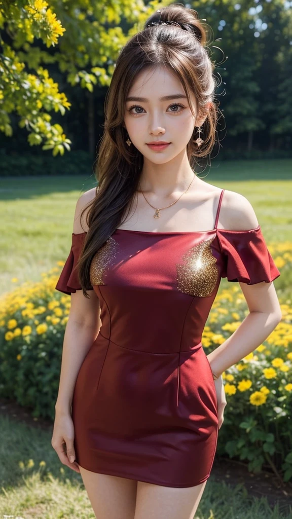 (Masterpiece:1.4), CG Unity 8k walpaper, ((Realistic: 1.2)), Ray Tracing, 64k, Beautiful 22 years girl, Asian realistic girl, Ultra Realistic, ultra HD, high detail，8K resolution，ultra high resolution, cute girl，The ponytail, long Hair，earrings，necklace，Colorful clear eyes，smooth hair，Exquisite and perfect with the most beautiful facial features and big eyes，Long eyelashes，(Smile)，field，Ultimate picture quality，Standing in front of multi colour chrysanthemum flowers field, ((Upper body shot)), ((Lovely Glitter Dark Red strapless sweetheart Homecoming Dress: 1.2)), [(4 different Poses),(pose 1: Grab hair with both hands, tighten tummy to lift hips,stand side ways),(pose 2: strech your arm,hand on hip, tighten tummy and lift hip),(pose 3: tilt head to smile,put arm behind back,place arm side by leg),(pose 4: title your head to smile,put your hands naturally by your side,stand side ways)], (Detailed poses), (Detailed Dress), (detailed background) , Beautiful human real fingers, beautiful human real hands, Real human natural skin, 