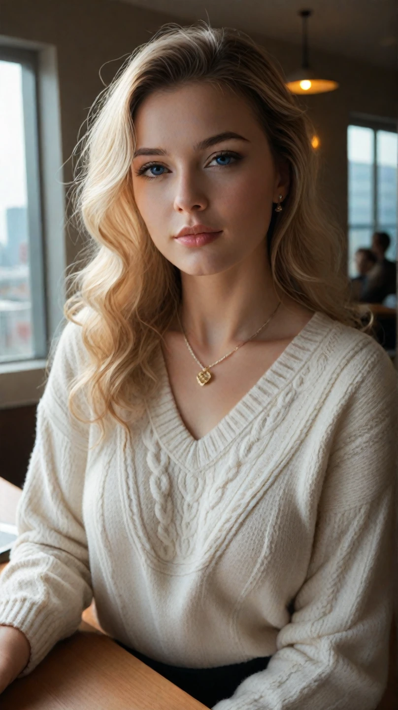 1girl in, age19, Solo, Long hair, Colossal , Looking at Viewer, blondehair, Bare shoulders, Brown eyes, jewely, Full body, a necklace, off shoulders, Sweaters, Realistic, A sexy
