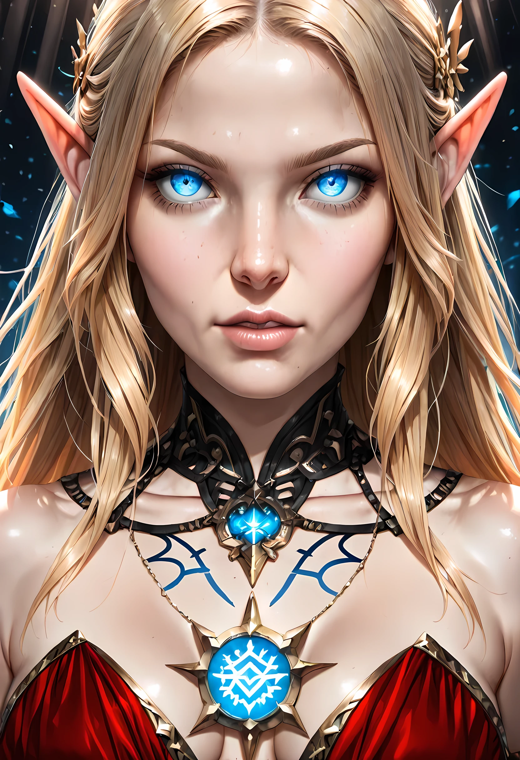 dark fantasy art, a picture of a fantasy, beautiful female elf, best detailed face,  pale skin, (blond: 1.2) hair, glowing eyes, blue eyes, wearing dark red dress, silk dress, intricate dress, reflection light, it is night time, the moon is in the sky, a sense awe, might, magical runes. sun rays. high details, best quality, 16k, [ultra detailed], masterpiece, best quality, (extremely detailed), close up, ultra wide shot, photorealistic, RAW, fantasy art, dnd art, fantasy art, realistic art,((best quality)), ((masterpiece)), (detailed), perfect face, fantasy, Glowing Runes Cinematic Shot, fantasy, LOAsuccXL, strapless
