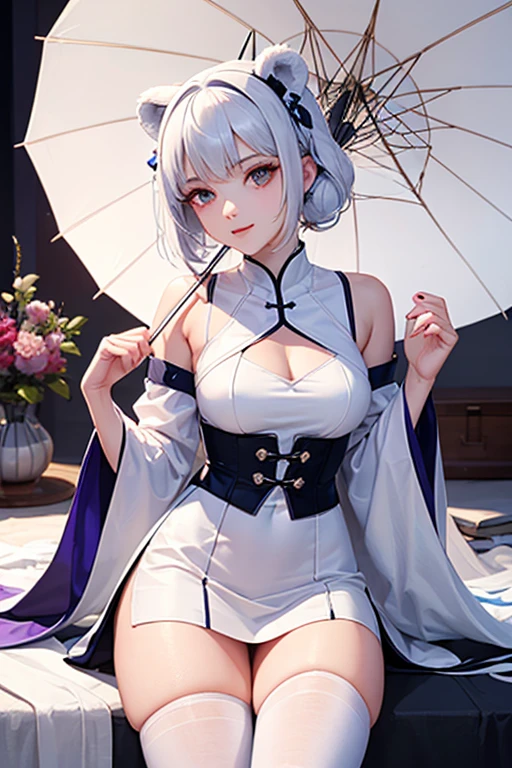 (photorealistic:1.8, highest quality:1.8,8K masterpiece:1.8,High resolution,muste piece:1.8,RAW Photos,cinematic lighting,red and purple dream colors),one young woman、(transparent leotard、choker、knee high tights、loafer shoes),(beautiful detailed blue eyes:1.7,double eyelid:1.6,Beautiful skin with glowing details:1.2,small face、whole body), (from below:1.5,Looking at Viewer:1.5),( short Hair:1.2、Beautiful shining blue and white hair:1.5), 
expression(Impish Smile、face turns red:1.3),(Moderate chest:1.3), Pause(Seductive pose:1.5) background(Cherry tree、Bright forest with blooming flowers),(detailed perfect face),Nipples are visible through the costume、anatomically correct,correct move:1.5,correct foot:1.5,Fingers in the correct proportions,(cameltoe),No split screen,slender abs:1.2,(Young sensual gravure idol)