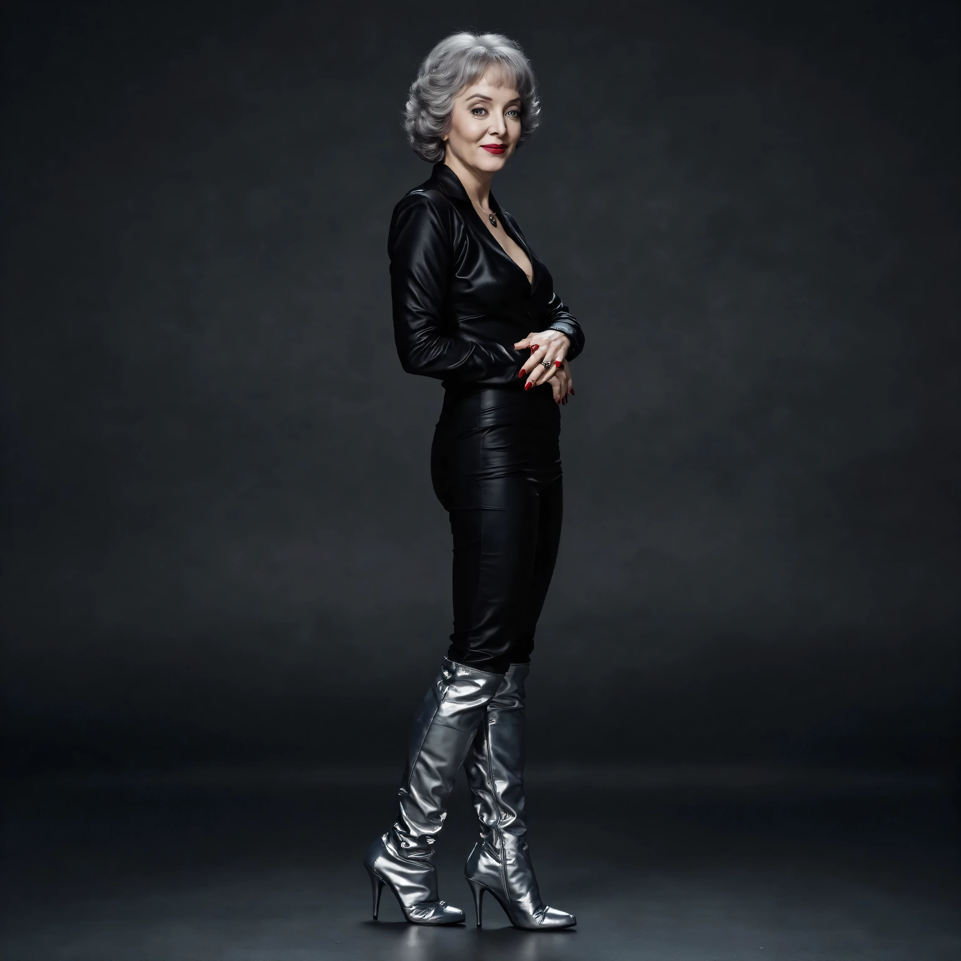 head to toe picture shot of villainess marsha queen of diamonds (batman villain); wholesome, looks like the girl next door, very fit, muscular, trim, wearing a black leather suit jacket (tight fitting), silver leather pants, with silver leather knee high boots, wearing long silver leather opera gloves, short gray hair, 8k, high definition, visible cleavage, smiling, happy, hyper realistic, HD. Photograph, ((realism)), extremely high quality RAW photograph, ultra detailed photograph, sharp focus, high resolution, (detailed skin:1,3),high quality, film grain, Fujifilm XT3,Highly Detailed, movie, (Cinematic Photo:1.3) of (Realistic:1.3)Epic realistic image depicting the beautiful age.