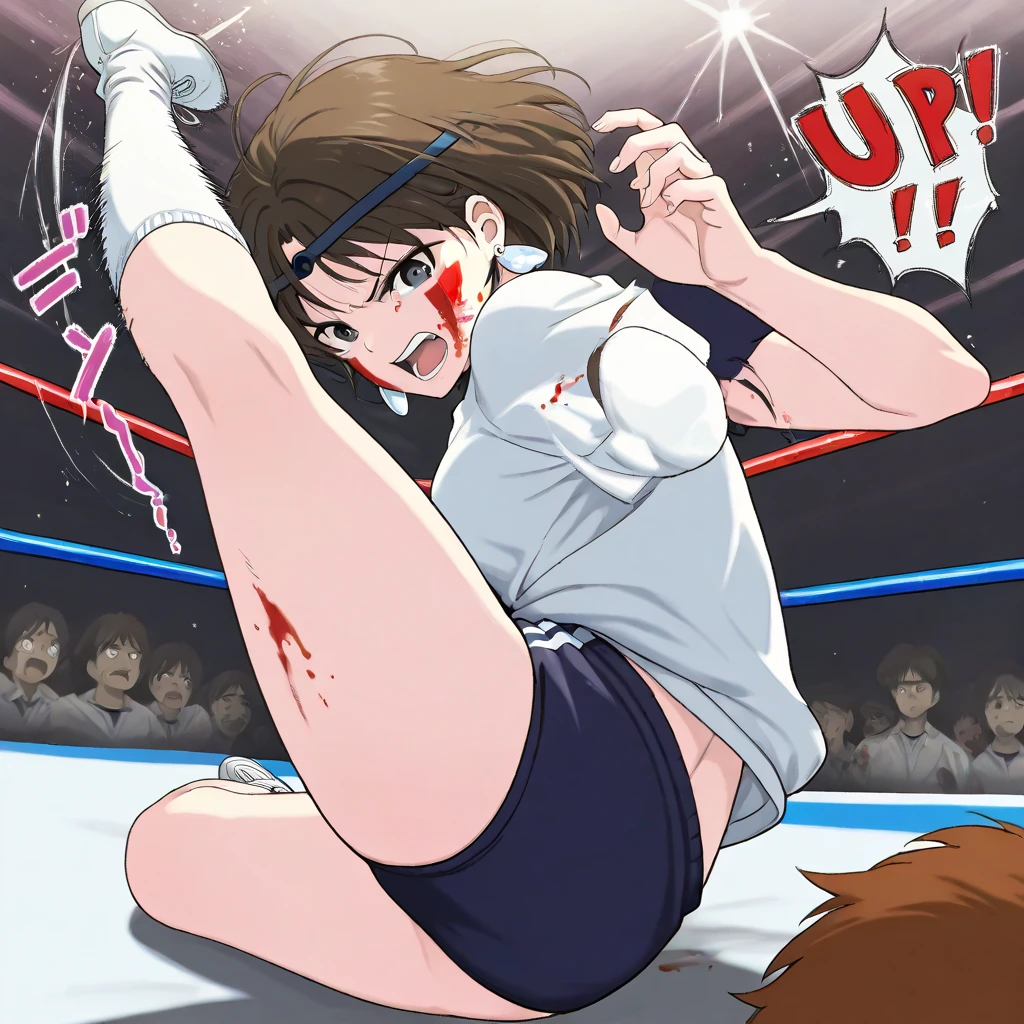 (high resolution:1.3), (16k, Detailed Images), Professional wrestling ring、boxing、負けたGirl、(Girl、naked、Crying face:1.4)、Man's back view