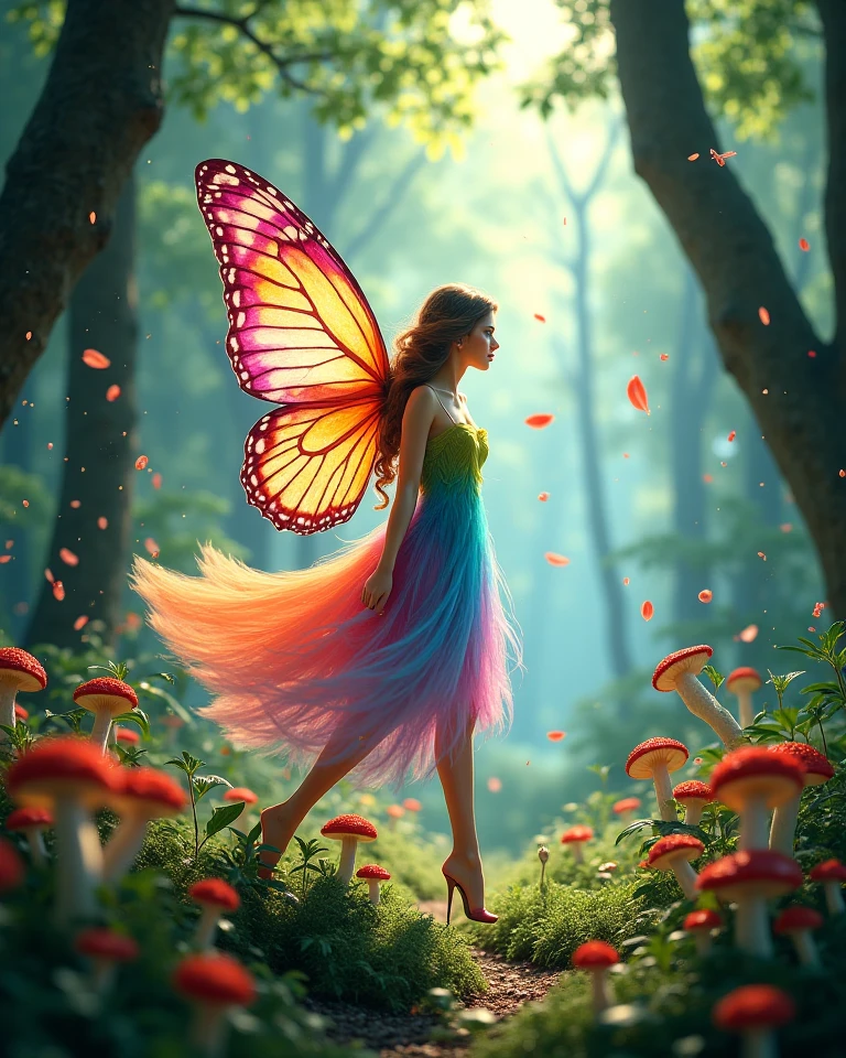 Beautiful woman with butterfly wings in her rainbow-colored dress she ...
