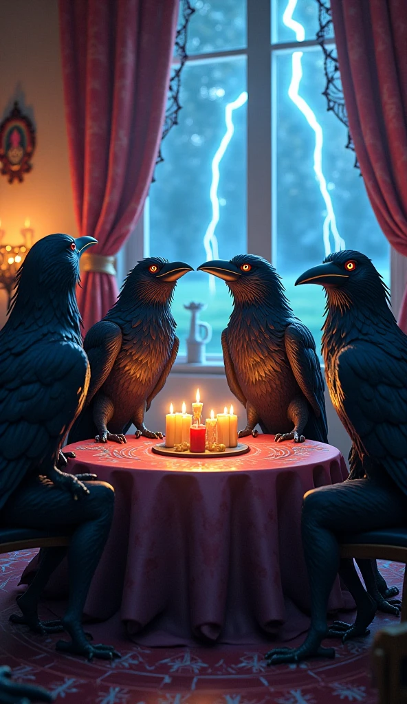 A large gathering of crows and ravens dressed like people at A really wild and crazy masquerade tea party adorned with copious amounts of shining jewlery and lots of trinkets piled on the table, Gothic, laughter, party, raven, feathers, black, revelry, dancing, large gathering, anthropomorphic
