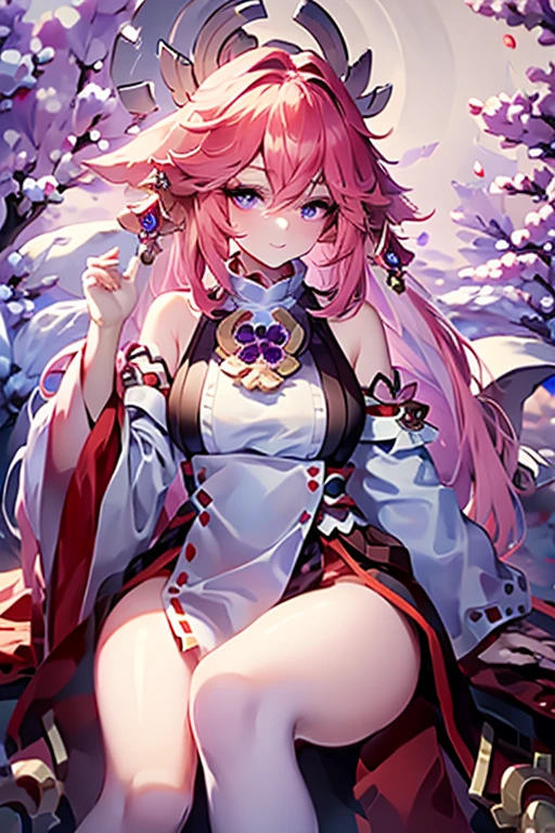 (tmasterpiece, Best quality at best:1.2), A high resolution, A high resolution, Alone, 1个Giant Breast Girl, YaeMiko, with pink hair, side locks, long whitr hair, a purple eye, ssmile, looking at viewert, fine seat, hair adornments, Japanese clothes, Side breasts, jewely, 耳Nipple Ring, Bigchest, Bigboobs, Bigchest, light  smile, teeth, exposed bare shoulders, Portrait shooting, upperbody shot, BREAK outdoors, sitted, hot onsen, Legs in the water, legs crossed, leges, upper legs, footsteps, blur backgroun, Permanent, pretty  face, Perfect Finger, perfect anatomia. Portrait shooting, tmasterpiece, high qulity.