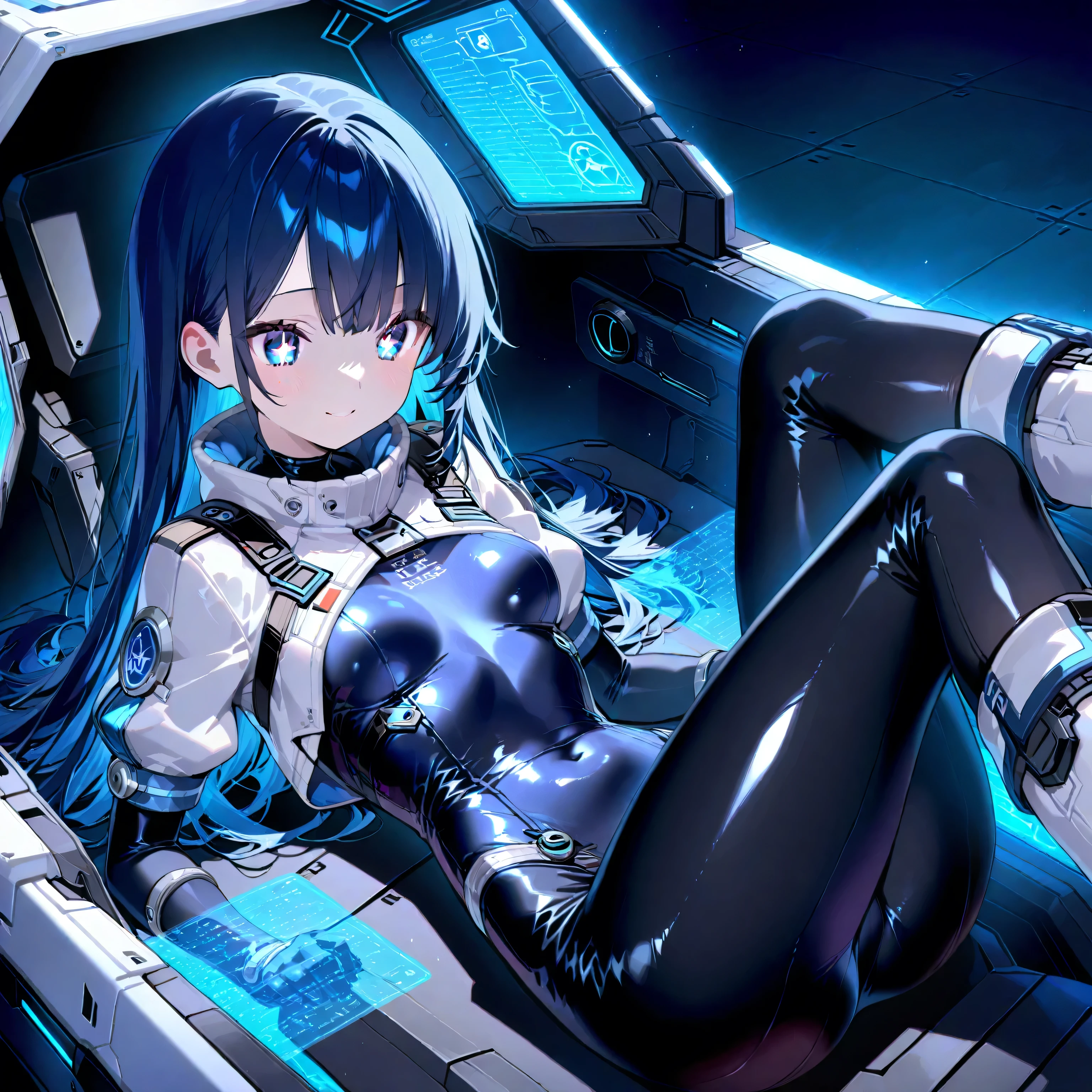 (maximum resolution: 1.2), (ultra high definition:1.2), cinema light, 8K resolution, fine eyes and skin, detailed face, perfect style, cute face, Accurate, anatomically correct, Highly detailed face and skin texture, beautiful and meticulous droopy eyes, 23 years old, (black hair:1.5), long hair, parted bangs, blue eyes, (white hairband:1.5), (long sleeves one-piece latex dark cyan shirt:1.5), (armpit:1.5), (tights:1.2), (cameltoe:1.5), (boots:1.5), sitting on the chair, (in the universe:1.5),
