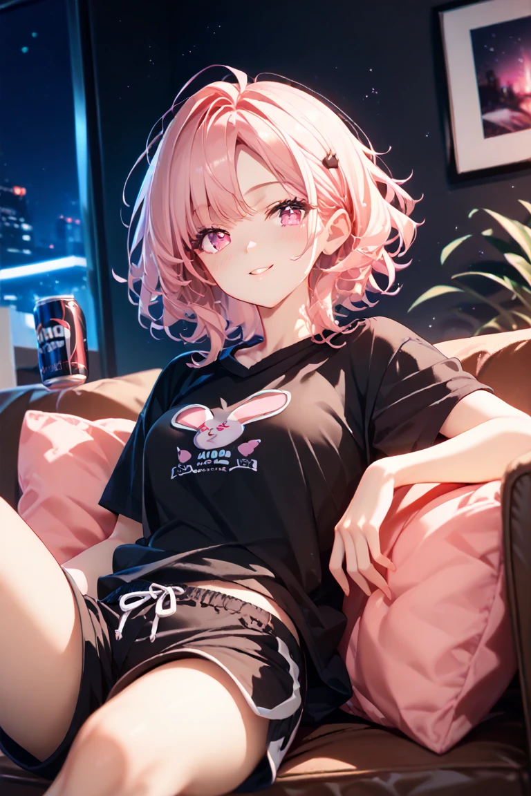 Disney Pixar style, cute girl with short pink hair with bangs, wearing white shirt and pink shorts, looking away, sitting on the sofa, tv, top view, realistc, 8k