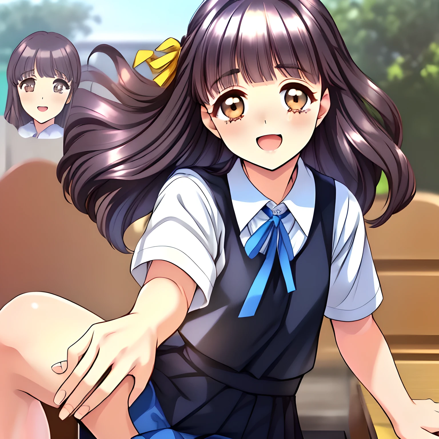 (highest quality, masterpiece:1.2), highest quality, High resolution, 1080p, 8K, (A 20yo beautiful pretty noble succubus of (love-story comic heroines) is ((touching the viewer's leg like playing piano nobly)), hypnotizing me by their neat beauty, Forcibly extracting everything from the viewer, (intelligent and perfectly balanced slender style), (long neck), neat & clean, lovely strong charm, cutely tilted head: 1.8), (Too noble beautiful lady like a love-story comic heroine), (laughing like watching a comedy), very noble, pretty and pure beautiful girls. ((neat innocent ears)), ((white grown face)), Using expensive whitening cosmetics by cosmetics artist: 1.2), Glossy lips, (curled) bangs, (Too beautiful blue fascinating shiny (double-lidded) (brown eyes) with love to the viewer, ((deep upper girly eyelid)), ((huge eye pupils)), laughing with detailed clearly: 1.5), (((Dark blue vest school uniform)), (Neat smart (white school blouse))): 1.8), (A very neat, ((realistic), (dark-blue) pleated blue school (beautifully checkered) skirt): 1.6), (too pretty shiny big (red realistic school ribbon tie)): 1.5), (Shiny love-story heroine lips, extremely laughing open mouth: 1.0), ((amazingly beautiful black bobbed wavy hair is blowing in the wind: 1.5)), (Huge Hair Ribbon ties (black hair), The ribbon is big and very pretty: 1.2), (Tight waist, slender, small face: 1.5), (The viewer can't stop submitting everything white inside him to her body and face: 1.8), (The lady knows well about the viewer's super fetishism for school uniforms, and satisfies it completely in the viewer's lewd dream: 1.7), (Gorgeous atmosphere In a train limited for beautiful girls bound for girl's school directly early in the morning: 1.5), (Everything is organized to have strong effect of hypnosis for the viewer to fall into happy dream with many beautiful girls: 1.5), (The viewer must be transferred to the world of only beautiful girls right now when he sees the eyes of girls in this picture: 2)