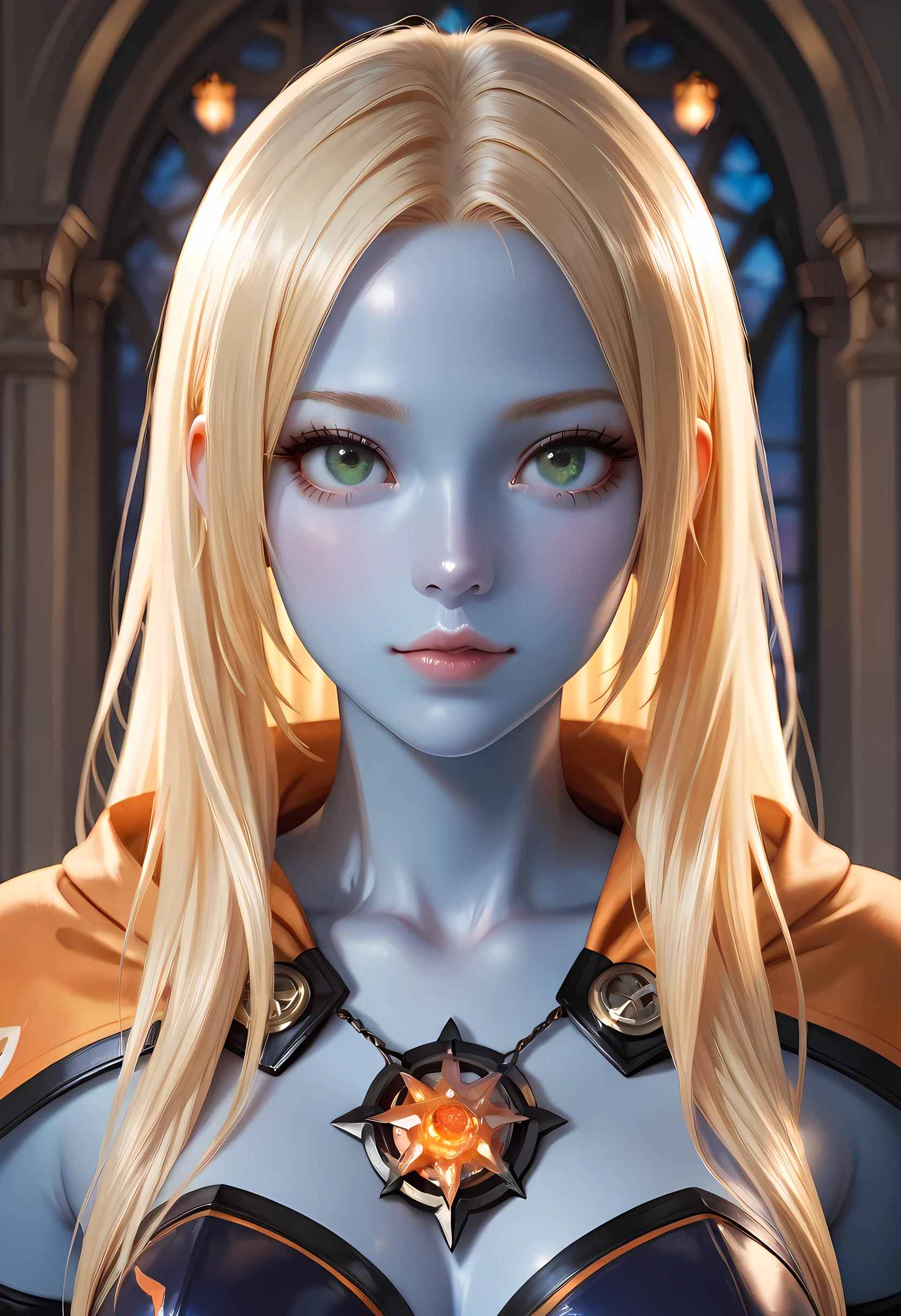 portrait a female ((blue skin: 1.5)), intense details facial details, exquisite beauty, cleric, ((cobalt blue skin: 1.5)) female, ((yellow hair: 1.5)), long hair, (((no ears: 1.5))), (green eyes: 1.3), armed with a fiery sword red fire, wearing (twilight priestly combat vestments: 1.5), wearing high heeled laced boots, wearing an (orange cloak:1.3), wearing glowing holy symbol, fantasy art, dnd art, RPG art, wide shot, (masterpiece: 1.4)  intense details, highly detailed, photorealistic, best quality, highres,  within fantasy temple background, reflection light, high details, best quality, 16k, [ultra detailed], masterpiece, best quality, (extremely detailed), close up, ultra wide shot, photorealistic, RAW, fantasy art, dnd art, fantasy art, realistic art,((best quality)), ((masterpiece)), (detailed), perfect face, fantasy, Cinematic Shot Cinematic Shot, fantasy, LOAsuccXL, strapless, anime
