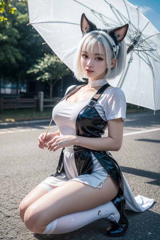 beautiful detailed eyes, a character portrait, Heterochromia iridum, cute face, white hair, a anime girl in a sheer bodysuit, nice hips, inspired by ((Amemiya Nazuna, VSHOJO)), by Makoto Shinkai, detailed texture, a strong wind all around, a school in the background, Unreal Engine, masterpiece, best quality, amazing, (nsfw:1.01)