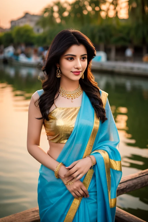 Beautiful young indian woman, village, wearing saree, river and mountain landsape, moonlit night, age, detailed face, detailed body, symmetric face, cute, iconic, photorealistic, big breasts, big belly, belly piercing, soft body, wavy hair, masterpiece, 8k, ultra realistic, detailed background, palace, god rays, ambient occlusion