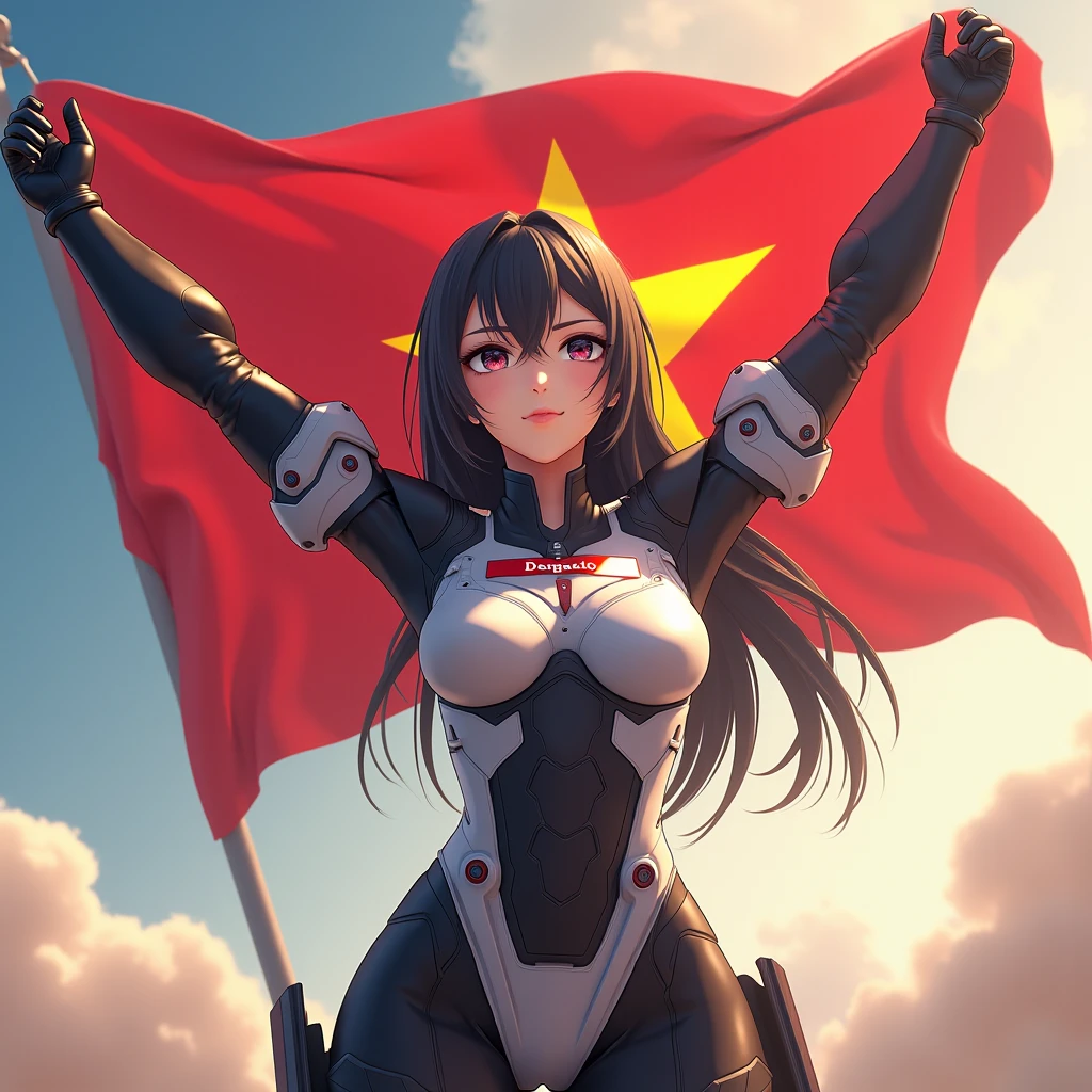 ((Best quality)), ((masterpiece)), (detailed: 1.4), Absurd, Chinese woman robot pilot ready for war, muscular body defined, back, perfect ass, looking back, half thick naked thighs, mouth closed, only in panties, muscular body parts covered in traditional Chinese but technological clothing, Neon Evangelion, ((medium breasts)) perfect, generous neckline, ((red outfit with several yellow stars on the uniform)), China, dragon, kung fu, pastel, straight black hair with braid, a robotic arm, oriental eyes pulled, short underwear, garter belt, by mucha, niji --V5, close to real, best quality, almost naked, psychopath, crazy face, sexy pose, 2 piece clothes, dragon designs on the arms, cyberpunk, airplane wings on the back, oriental flame shoulder pad, Predominant red clothing yellow details with yellow 5-pointed stars, pointed shoulder pads, black eyes pulled without pupils, HDR (High Dynamic Range),Ray Tracing,NVIDIA RTX,Super-Resolution,Unreal 5,Subsurface dispersion, PBR texture, Post-processing, Anisotropic filtering, Depth of field, Maximum clarity and sharpness, Multilayer textures, Albedo and specular maps, Surface shading, Accurate simulation of light-material interaction, Perfect Proportions, Octane Render, Two-Tone Lighting, Wide Aperture, Low ISO, White Balance, Rule of Thirds, 8K