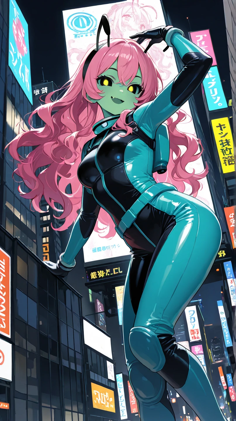 best quality, super fine, 16k, incredibly absurdres, extremely detailed, 2.5D, delicate and dynamic, cute lady, orange messy wavy short hair, clear green pupils, flying and floating with jet boots made of plated metal that look like boots, hot pink tight seamless shiny bodysuit with lots of writing, down jacket, rooftop of skyscraper, (magnificent view:1.5), wind, wind-effects, extra-dimensional effects