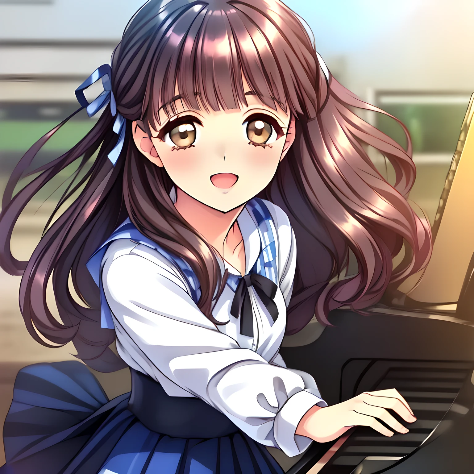 (highest quality, masterpiece:1.2), highest quality, High resolution, 1080p, 8K, (A 20yo beautiful pretty noble succubus of (love-story comic heroines) is ((touching the viewer's one like playing piano nobly)), hypnotizing me by their neat beauty, Forcibly extracting everything from the viewer, (intelligent and perfectly balanced slender style), (long neck), neat & clean, lovely strong charm, cutely tilted head: 1.8), (Too noble beautiful lady like a love-story comic heroine), (laughing like watching a comedy), very noble, pretty and pure beautiful girls. ((neat innocent ears)), ((white grown face)), Using expensive whitening cosmetics by cosmetics artist: 1.2), Glossy lips, (curled) bangs, (Too beautiful blue fascinating shiny (double-lidded) (brown eyes) with love to the viewer, ((deep upper girly eyelid)), ((huge eye pupils)), laughing with detailed clearly: 1.5), (((Dark blue vest school uniform)), (Neat smart (white school blouse))): 1.8), (A very neat, ((realistic), (dark-blue) pleated blue school (beautifully checkered) skirt): 1.6), (too pretty shiny big (red realistic school ribbon tie)): 1.5), (Shiny love-story heroine lips, extremely laughing open mouth: 1.0), ((amazingly beautiful black bobbed wavy hair is blowing in the wind: 1.5)), (Huge (Hair Ribbon) ties (black hair), The ribbon is big and very pretty: 1.2), (Tight waist, slender, small face: 1.5), (The viewer can't stop submitting everything white inside him to her body and face: 1.8), (The lady knows well about the viewer's super fetishism for school uniforms, and satisfies it completely in the viewer's lewd dream: 1.7), (Gorgeous atmosphere In a train limited for beautiful girls bound for girl's school directly early in the morning: 1.5), (Everything is organized to have strong effect of hypnosis for the viewer to fall into happy dream with many beautiful girls: 1.5), (The viewer must be transferred to the world of only beautiful girls right now when he sees the eyes of girls in this picture: 2)