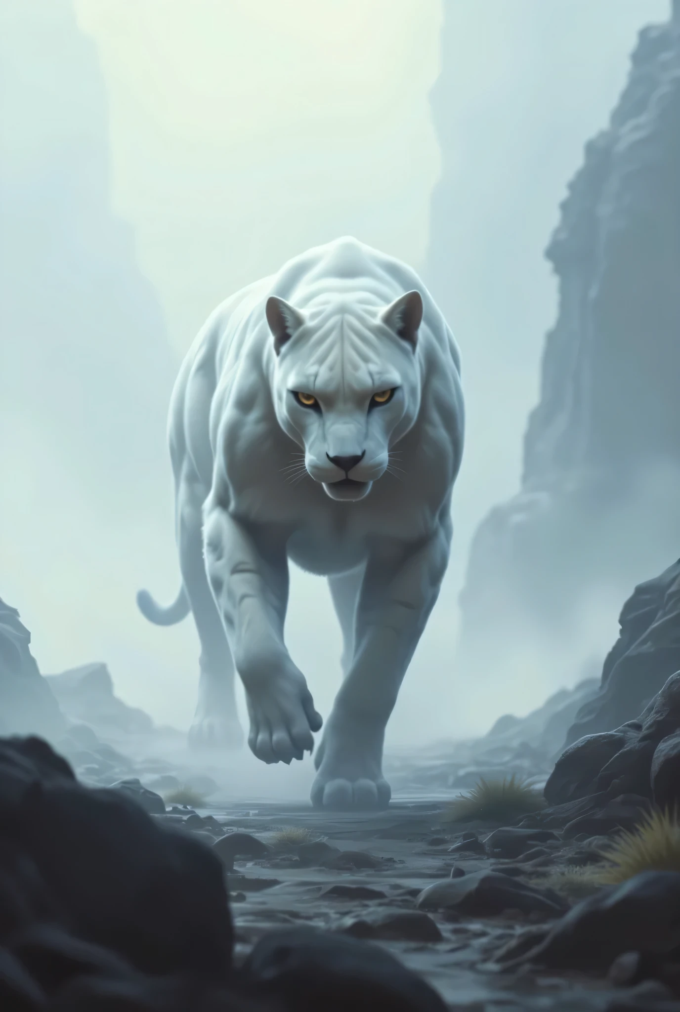 Create a pure White Beastman, a Panther as a rogue, subtle stealth, mist, fog, Epic Masterpiece, a sense of danger, eyes that penetrate the mist