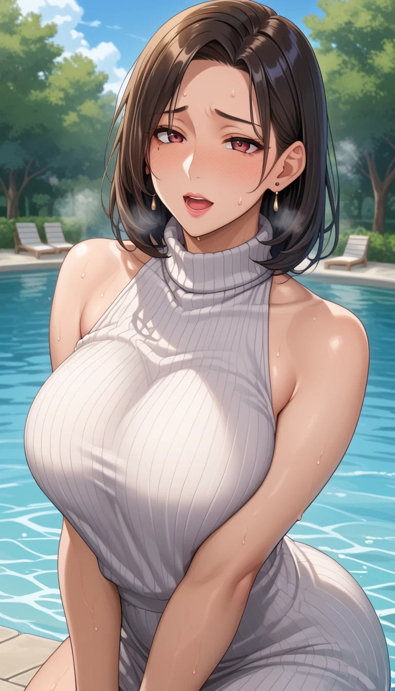 2 girls, big watery eyes*Su Jiushui*wet hair*hair open*earrings*swimming pool>,, Lola:Add to_detail:1，very Bigger breasts，Extremely heavy big breasts，school swimsuit，leg rings，very soft breasts，The chest is larger than the head，Have a swimming competition，covered with water stains，Inside the swimming pool，plump figure