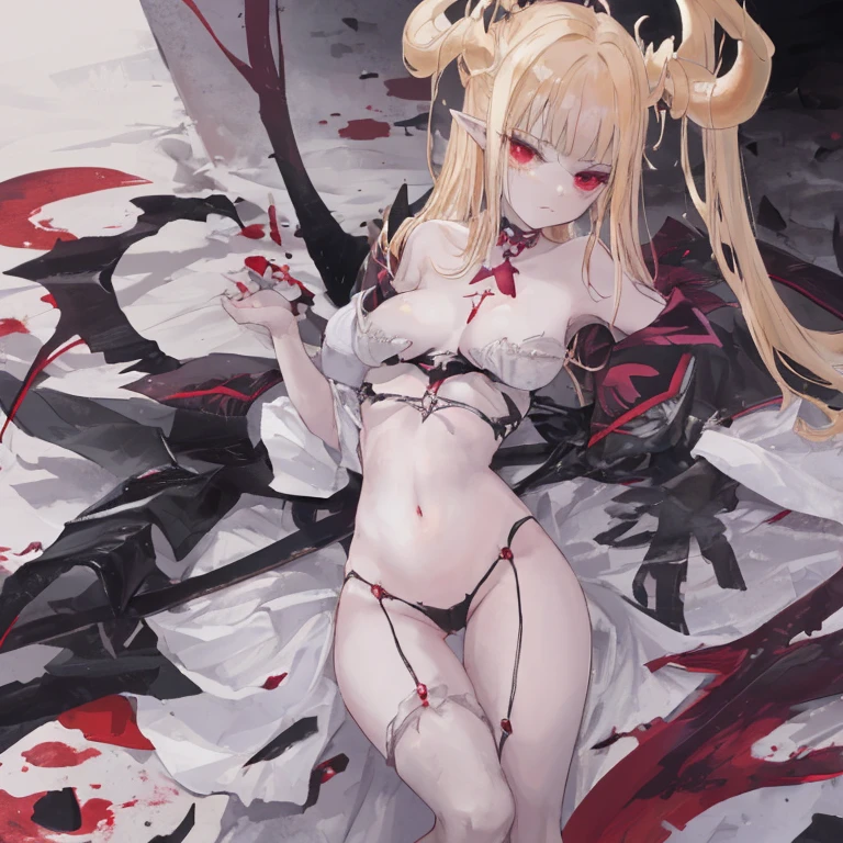 ((Best masterpiece, Perfect quality, Ultra detailed)), A skinny girl, With small bust, With white hair, Is parasitic, Wearing black bra, Wearing black panty, Injured body, Bloody wounds, Mutated limbs, Parasites, Grotesque, Full body