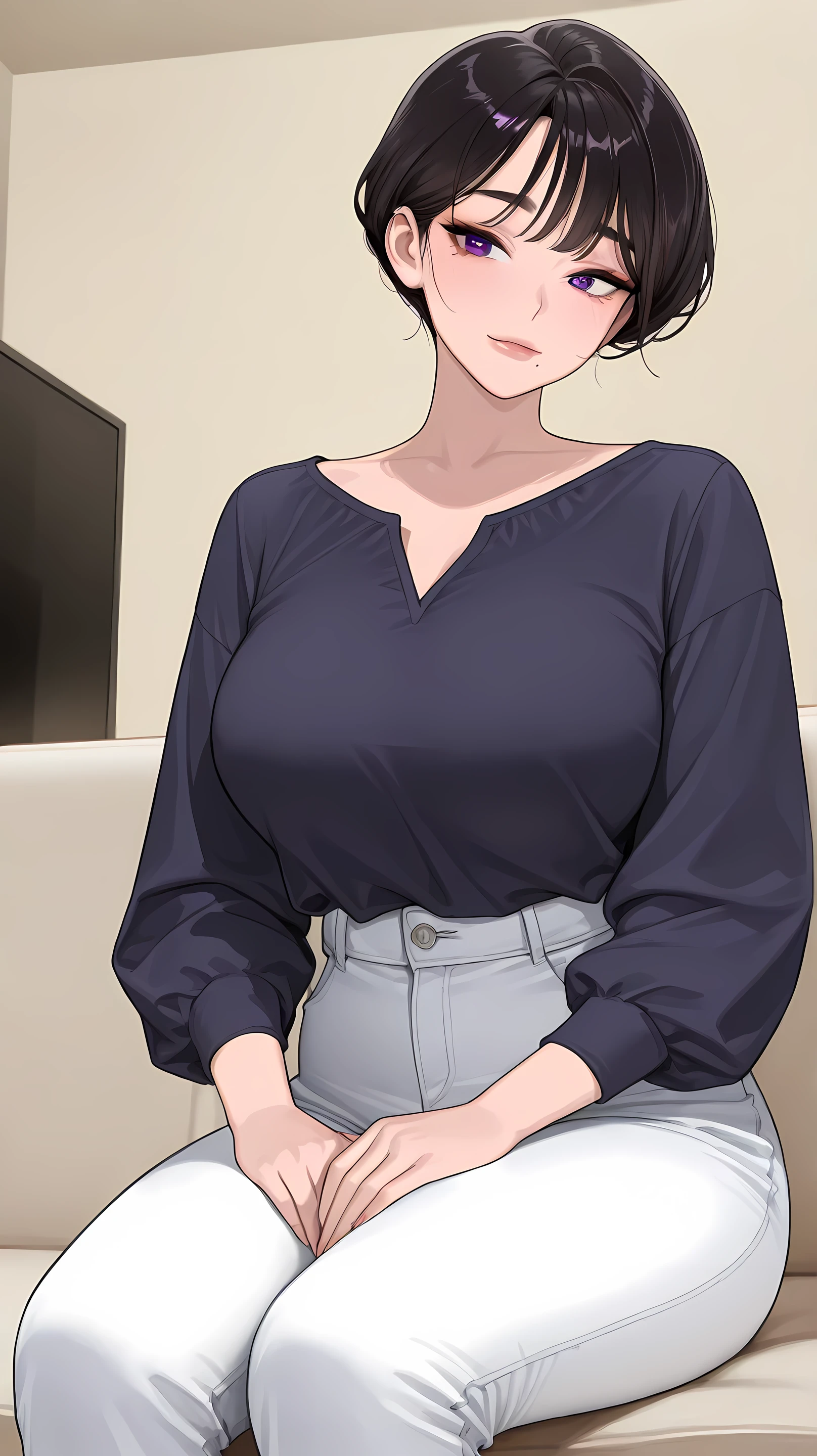 nsfw, masterpiece, best quality, amazing quality, very aesthetic, high resolution, ultra-detailed, absurdres, newest, 1girl, 20-year-old body, preserved milf, milf, asian female, black hair, japanese female, korean female, japanese mom, korean mom, light skin, light-skinned female, mole under mouth, short hair, solo, solo female, short dark hair, violet eyes, wearing a dark blue blouse with a slight neckline and long sleeves, white jeans, sitting pose, hands resting gently on lap, indoors background