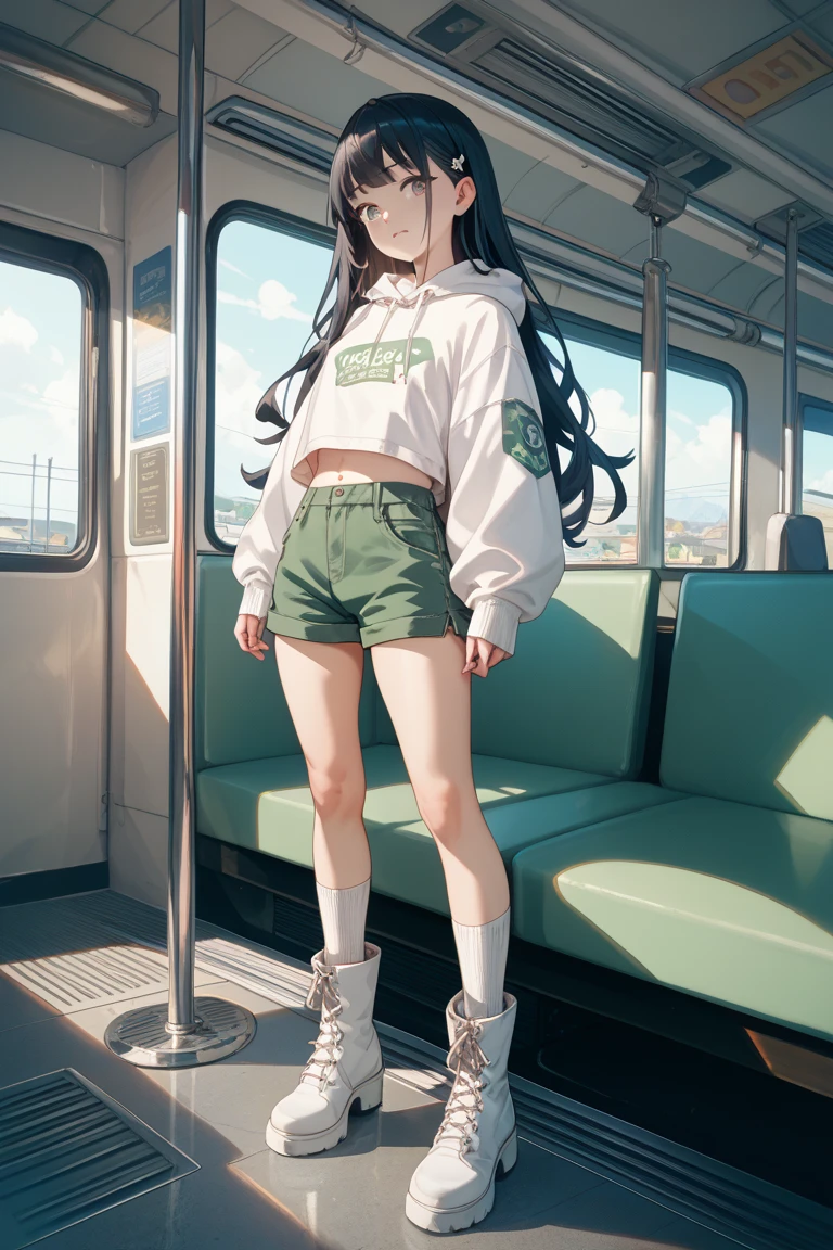 a junior high girl,skinny,long hair,very slim,wearing jacket,sports,bra,bare the waist,very thin waist,wearing short pants,baring the whole legs,white short socks,sport shoes,in the snow,beside a train