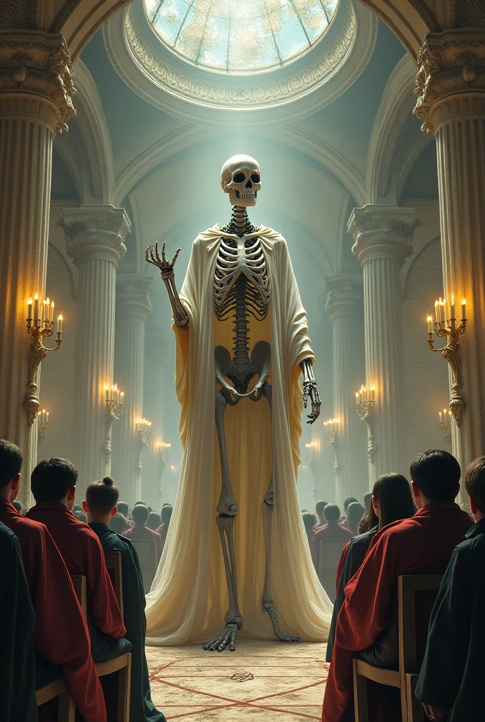 generate a picture in which a female skeleton teaches people geography