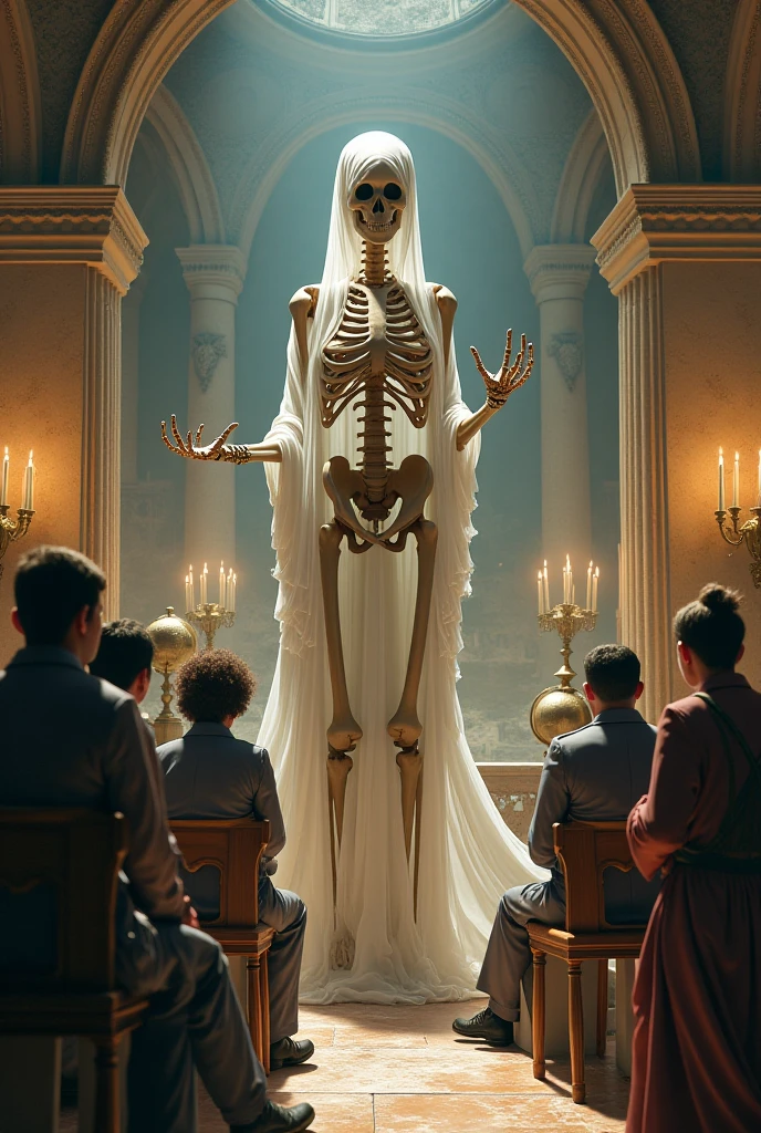 generate a picture in which a female skeleton teaches people geography