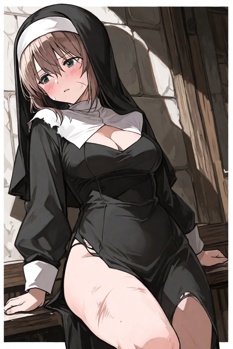 nun, bikini sexi, bragas elegantes, bracier sexi, ropa interior de hilo elegante, babear, babeando, saliva en la gag, exceso de saliva, red gag, bondage Shibari, atada con cuerda, muslos atados, pantorrillas atadas, piernas atadas, squat position, mirando al espectador, frown, sonrojada, tsundere,