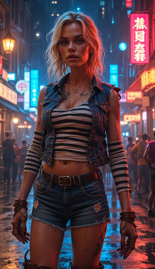 (at night), in a video game scene, a background of a beautiful city at night, raining, alone, standing at attention, red top, blue joggers, large brown belt hanging around her waist ((blond hair) ), 1 girl, 20 years old, young woman, perfect hands, beautiful fingers, beautiful long legs, beautiful body, beautiful nose, beautiful character design, perfect face, looking at viewer with serious gesture (focusing on her face), closed mouth , Light_Smile, official art, extremely detailed CG unity 8k wallpaper, perfect lighting, bright and colorful front lighting, glowing skin (masterpiece: 1.0), (best_quality: 1.0), ultra high resolution, 4K, ultra detailed photography, 8K , HDR, high resolution, absurdities:1.2, Kodak portra 400, film grain, blurred background, bokeh:1.2, lens flare, (vibrant_color:1.2), professional photography, (Beautiful, breasts: 1.4), (beautiful_face: 1.5 ), (narrow waist),
