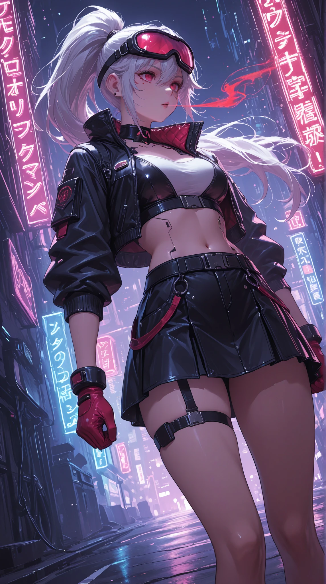 One girl, Rebecca \(cyber punk\), ((full body, He holds a large sickle in his right hand and carries it on his shoulder.,Dynamic Angle:1.35)),One Woman,Blonde twisted twin tails, glowing Red eyes,Laugh fearlessly, Leg Tattoos, neck tattoo,  Large Breasts, Black bra, String, Red pupils, Leather Fang, Red eyes, Black jacket,cyber punk,cyber cityscape,